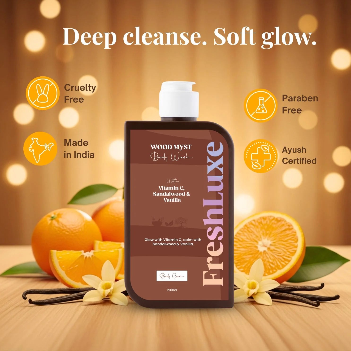 FreshLuxe Wood Myst Body Wash | Reduces Uneven Skin Tone & Dullness | Vanilla Scent | 200 ml | 400 ml