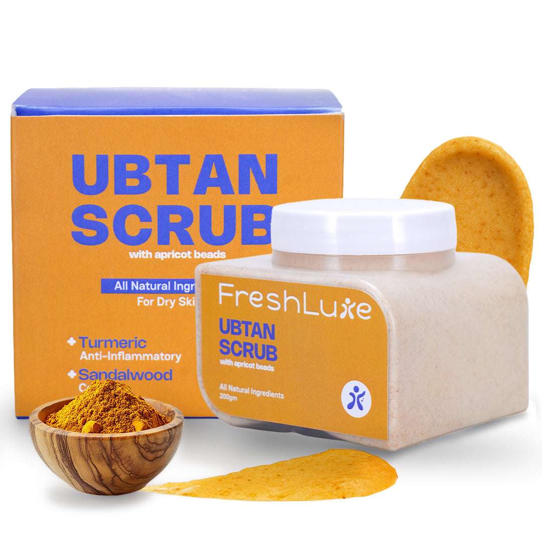 UBTAN SCRUB packaging with scrub and wooden bowl on a white background