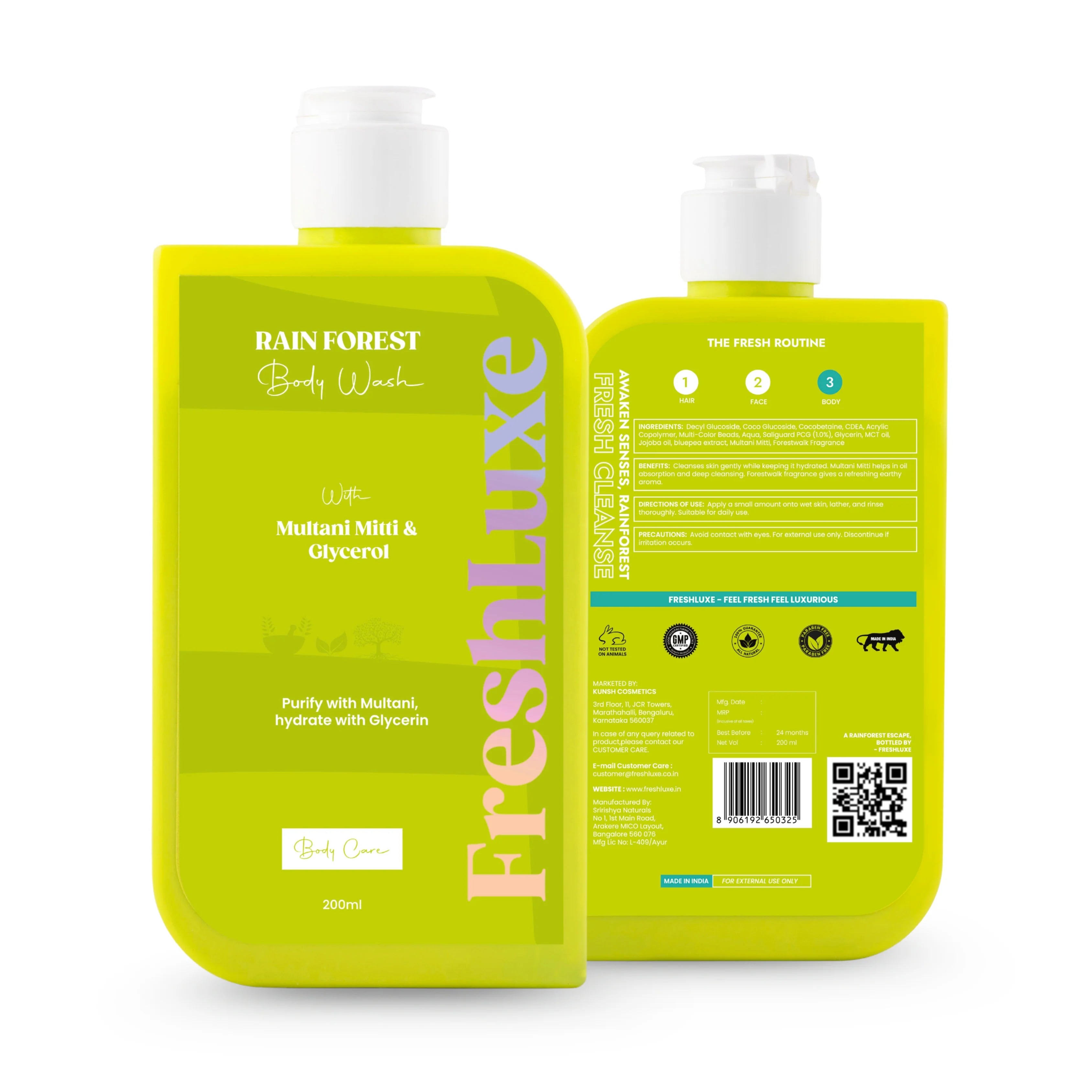 FreshLuxe Rain Forest Body Wash | Paraben & SLS Free | Rain Bath Scent | 200 ml | 400 ml