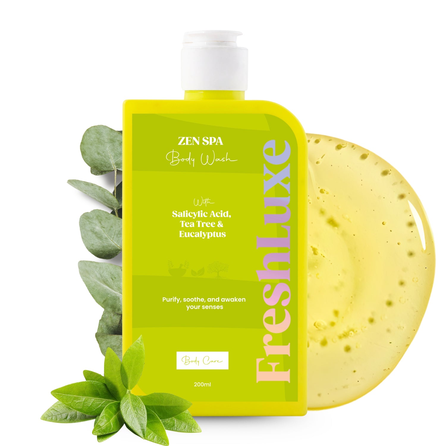 FreshLuxe Zen Spa Shower Gel & Body Wash | Infused with 1% Saligaurd PCG & Salicylic Acid with TeaTree, Eucalyptus | Soothing & Anti-Bacterial | Unclogs Pores & Prevents Breakout | TeaTree Scent