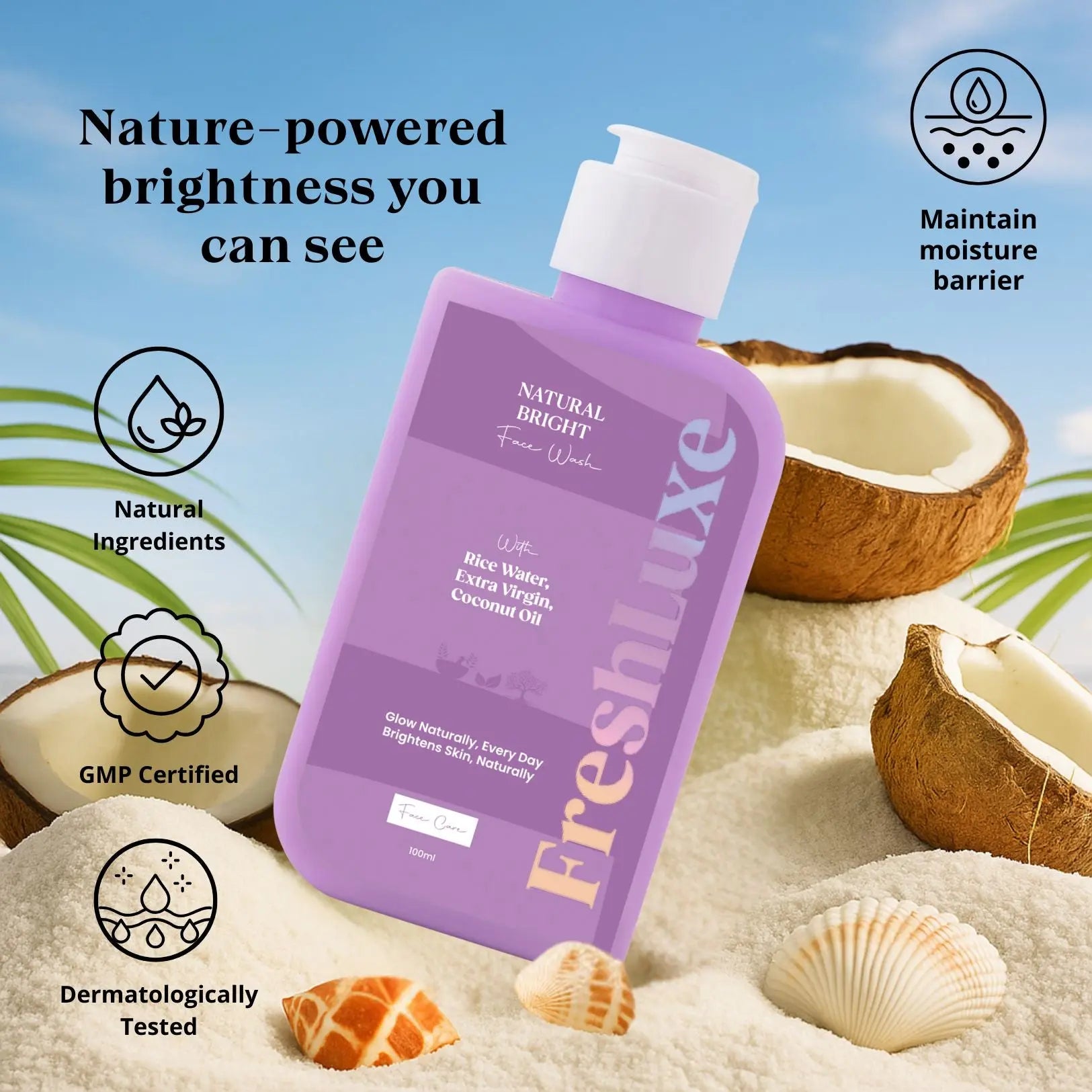 FreshLuxe Natural Bright Face Wash | For Cleansing & Brightening Glass Skin | Rice Water & Extra Virgin Coconut Oil | Men & Women Korean Skin Care