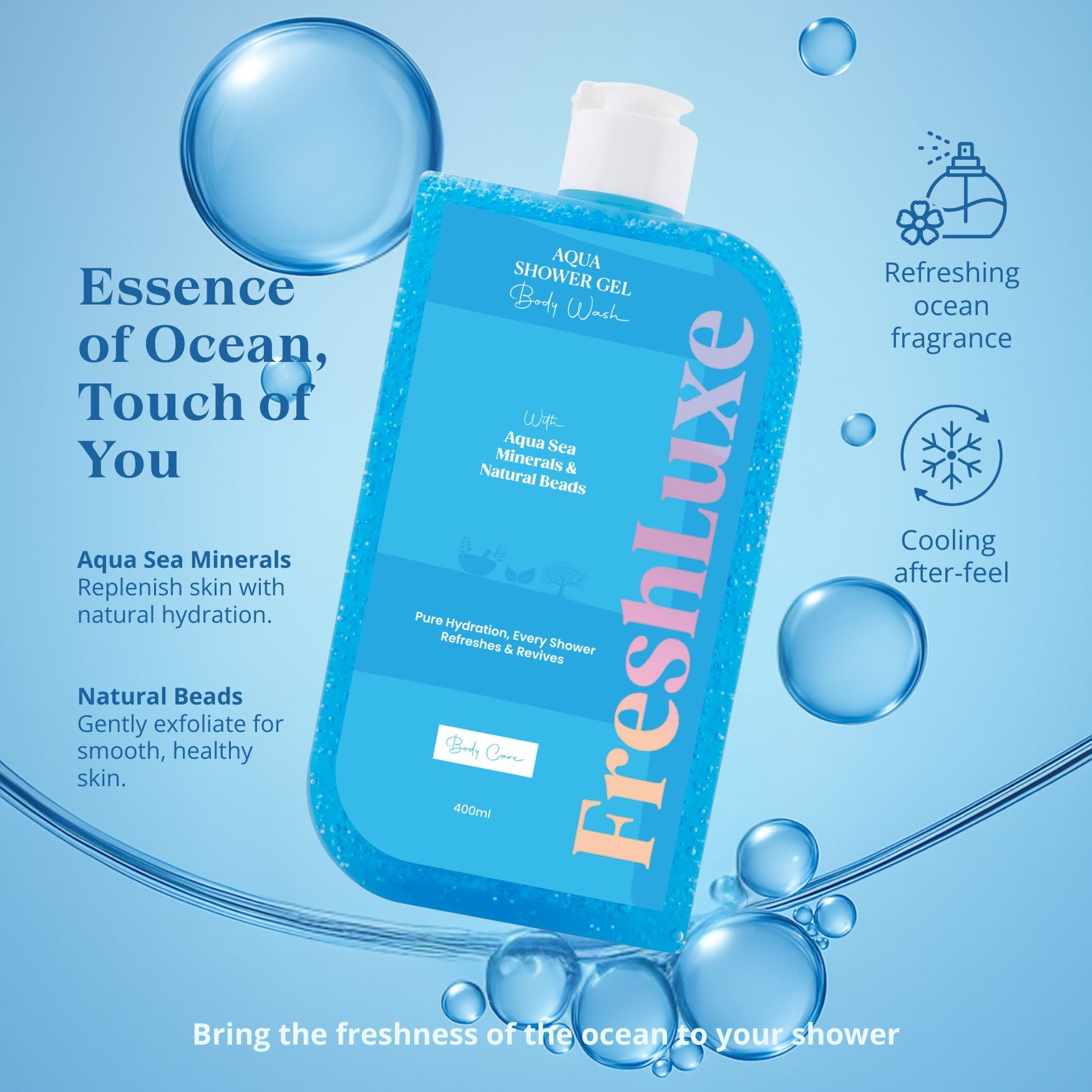 Aqua Essence Bodywash with Sea Salts & Scrub Beads | For Long-Lasting Freshness