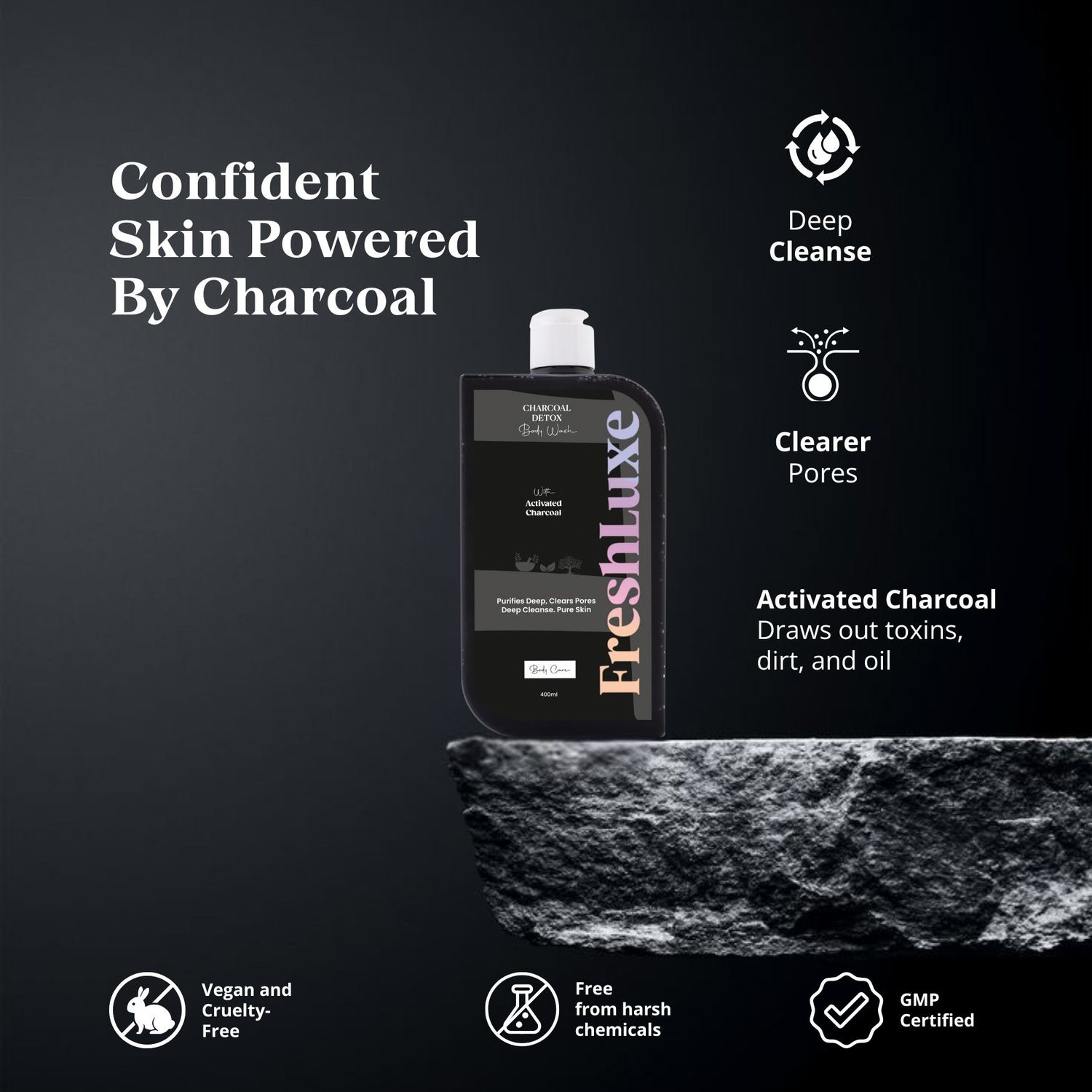 FreshLuxe Activated Charcoal Body Wash | Deep Cleansing & Acne Control with Aloe Vera | Detox Shower Gel