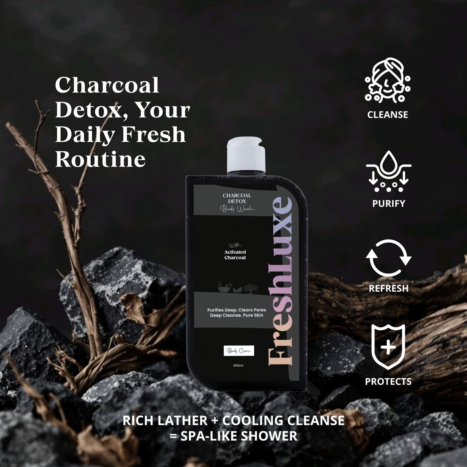 FreshLuxe Activated Charcoal Body Wash | Deep Cleansing & Acne Control with Aloe Vera | Detox Shower Gel