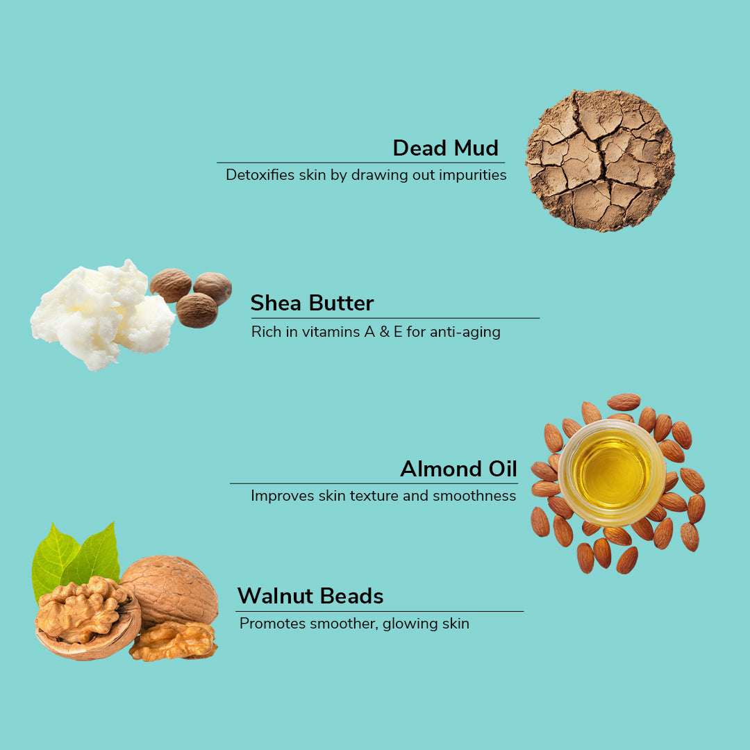 Illustration of Dead Mud, Shea Butter, Almond Oil, and Walnut Beads with text on a light blue background.