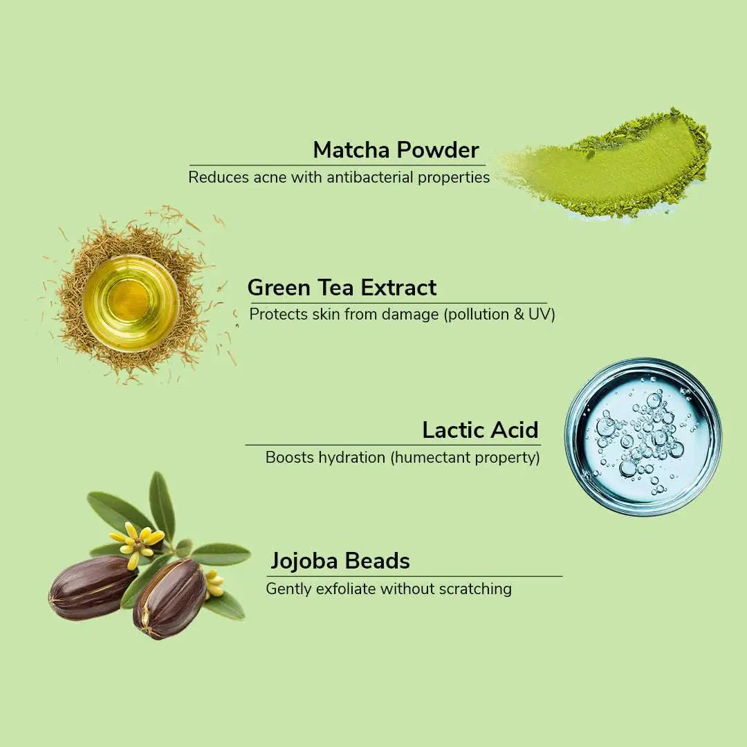 Green Tea Matcha Face & body Scrub | Vitamin C & Lactic Acid for Detan, Uneven Skin Tone & Skin Purification | 200gm