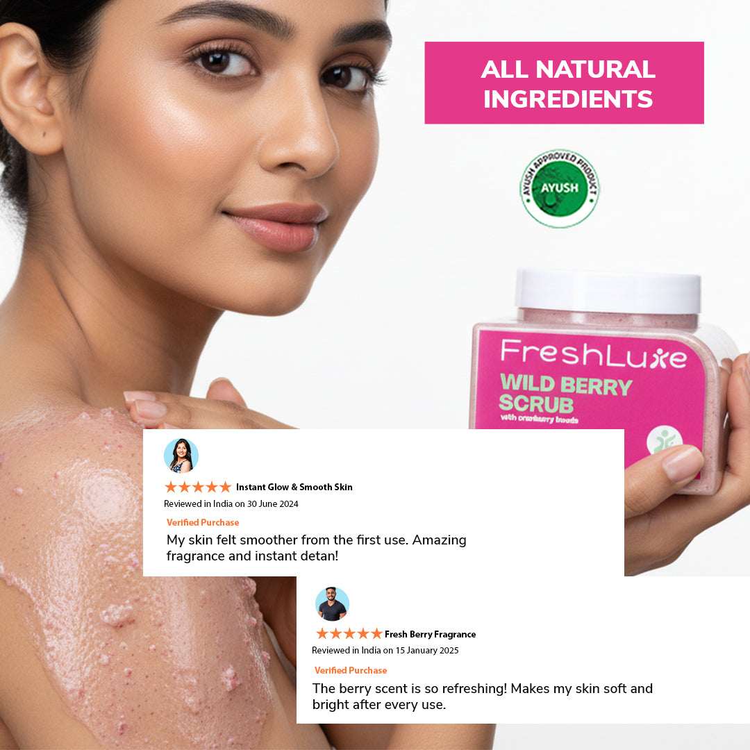 Woman with scrub on skin holding FreshLuxe Wild Berry Scrub with product packaging and positive reviews.