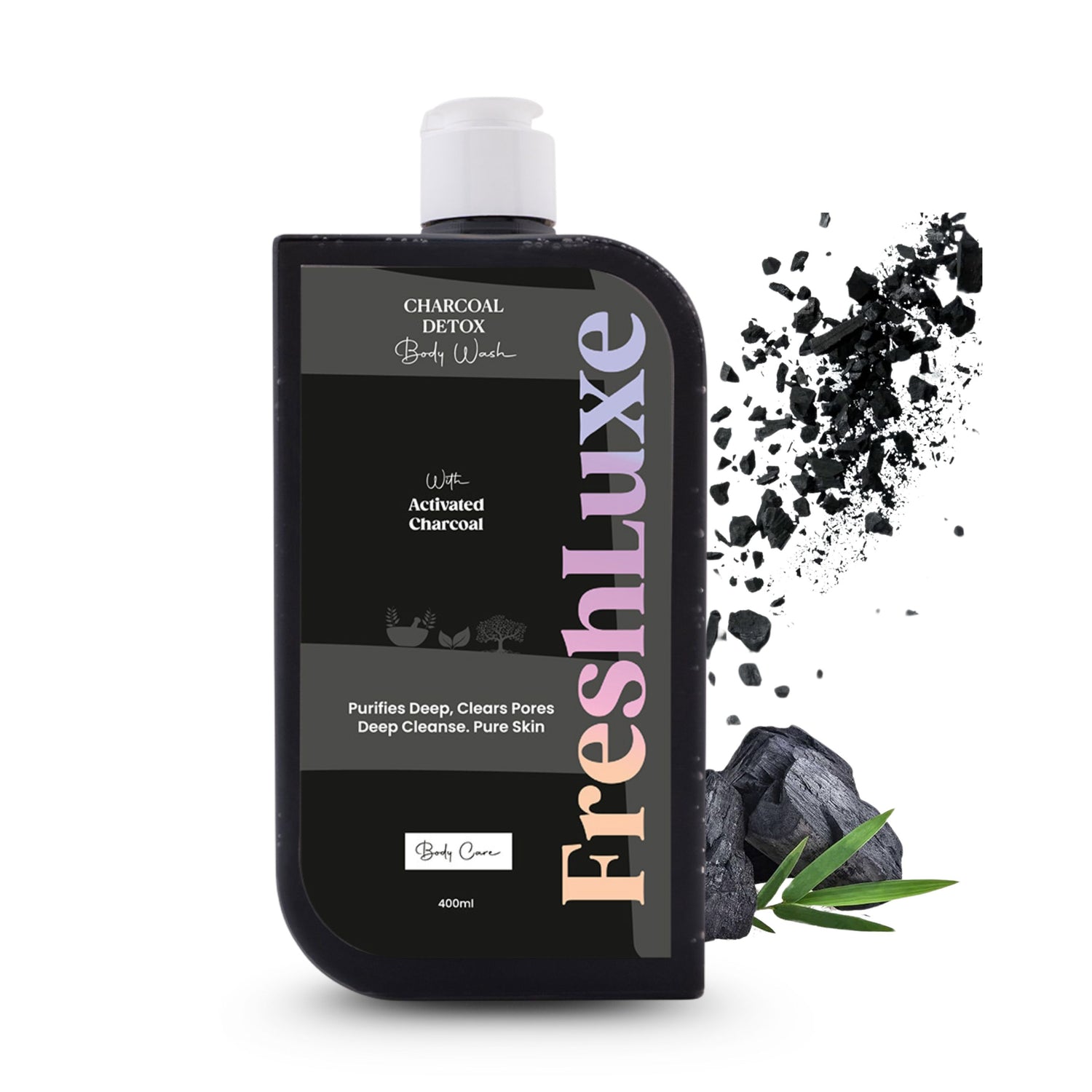 FreshLuxe Activated Charcoal Body Wash | Deep Cleansing & Acne Control with Aloe Vera | Detox Shower Gel