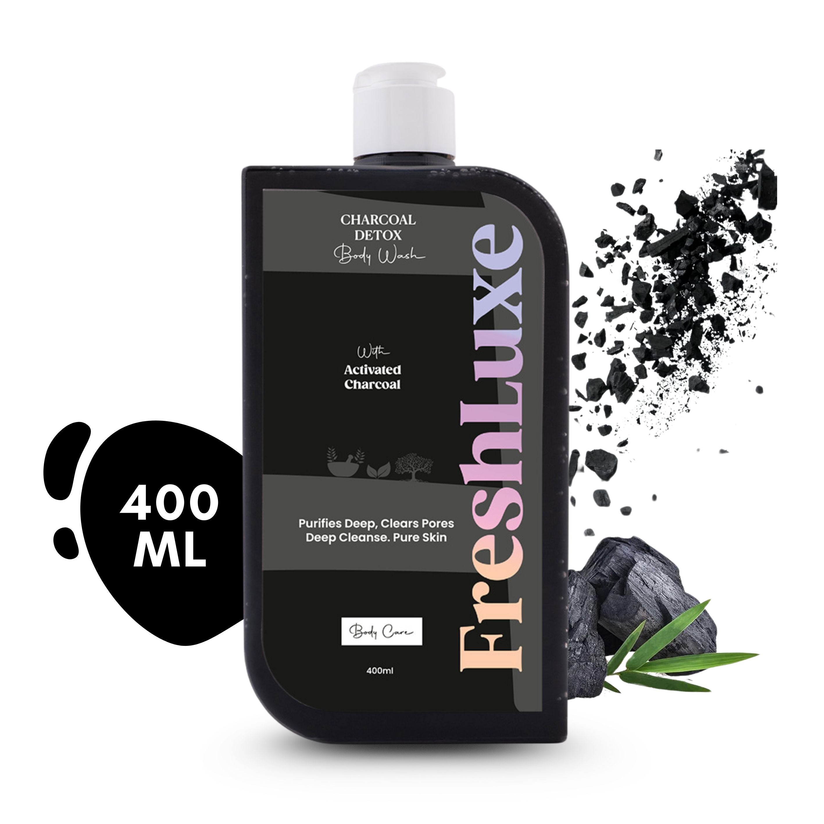 FreshLuxe Activated Charcoal Body Wash | Deep Cleansing & Acne Control with Aloe Vera | Detox Shower Gel