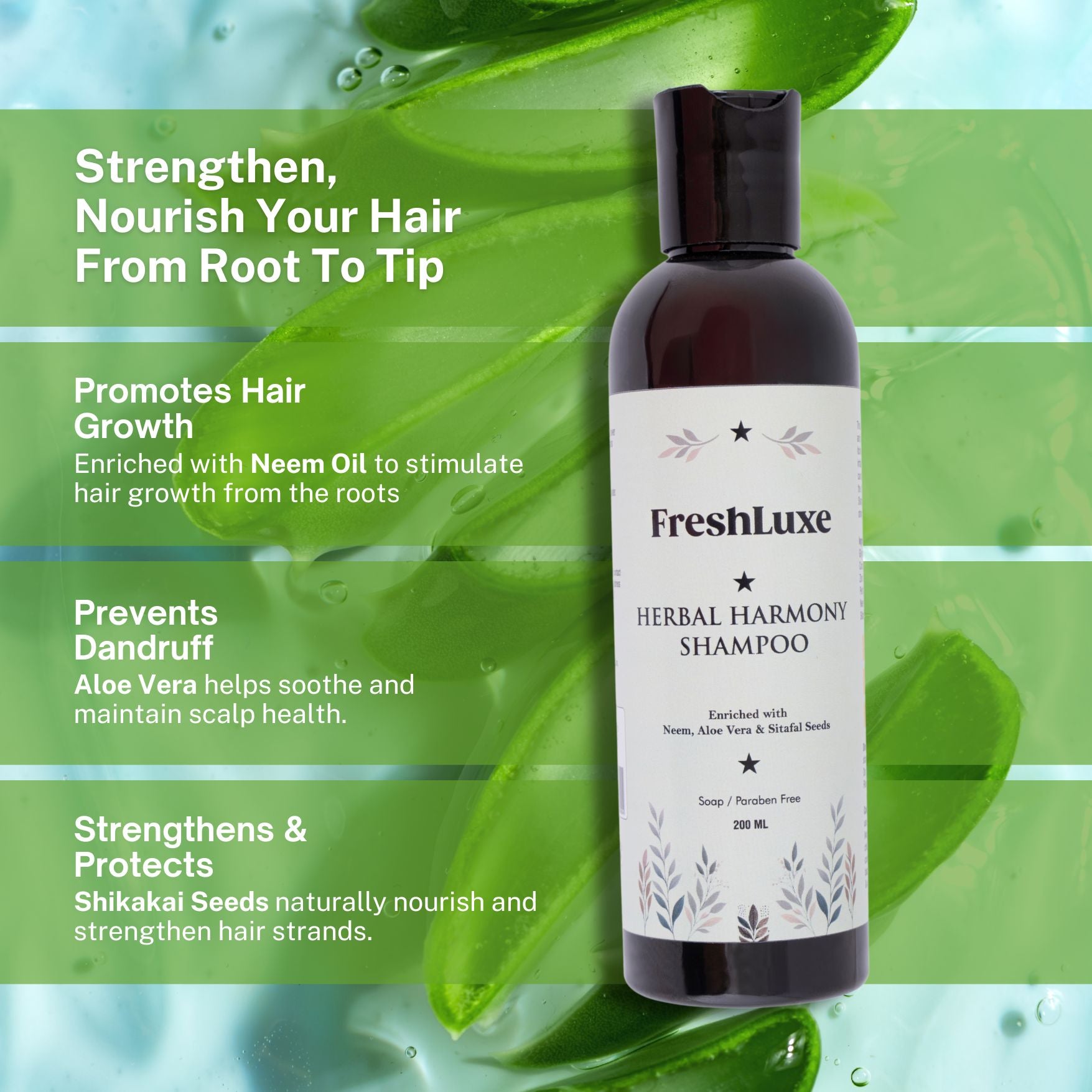 Herbal Harmony Shampoo with Neem, Aloe Vera & Sitaphal Seeds | Reduces Dandruff & Prevents Breakage- 200ml