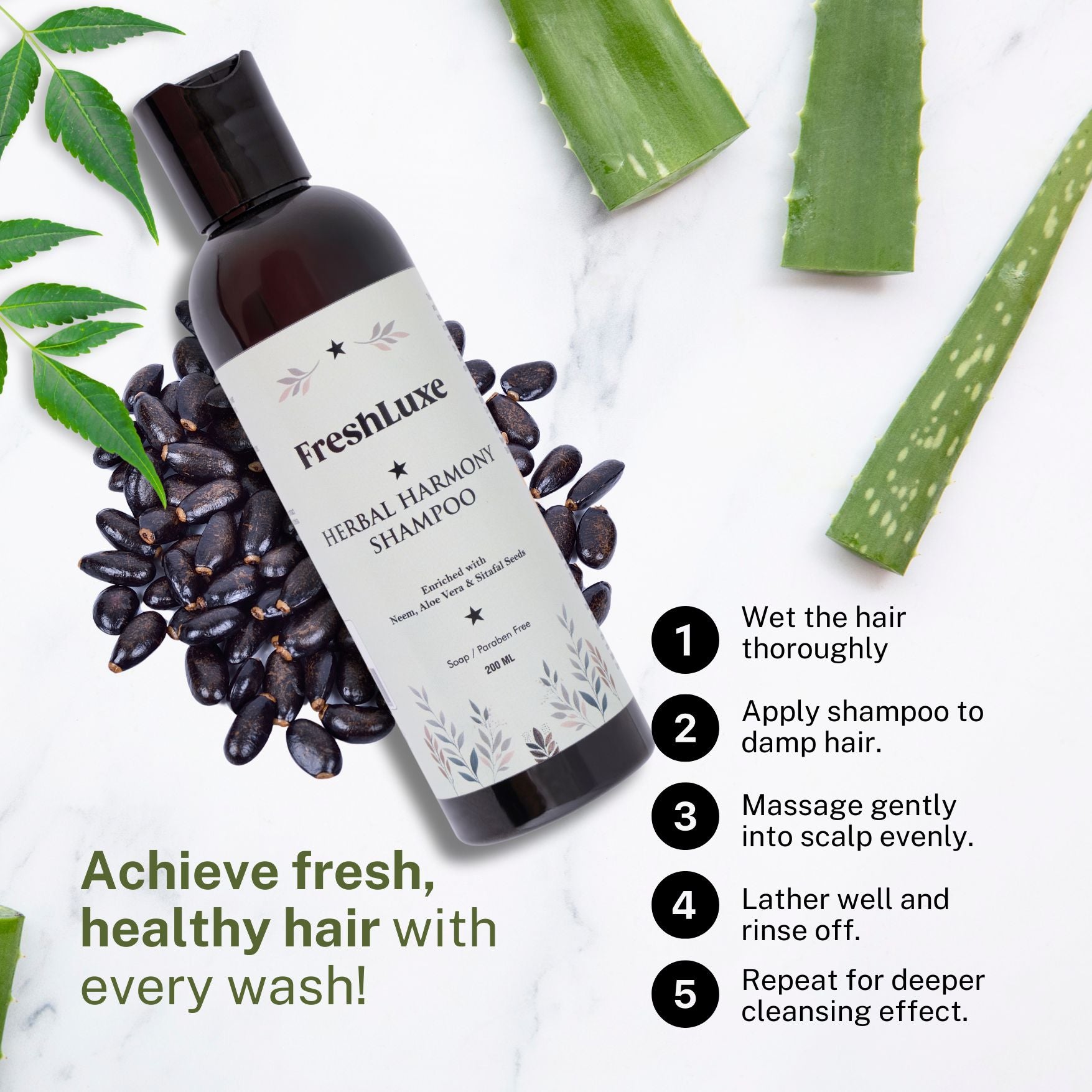 Herbal Harmony Shampoo with Neem, Aloe Vera & Sitaphal Seeds | Reduces Dandruff & Prevents Breakage- 200ml