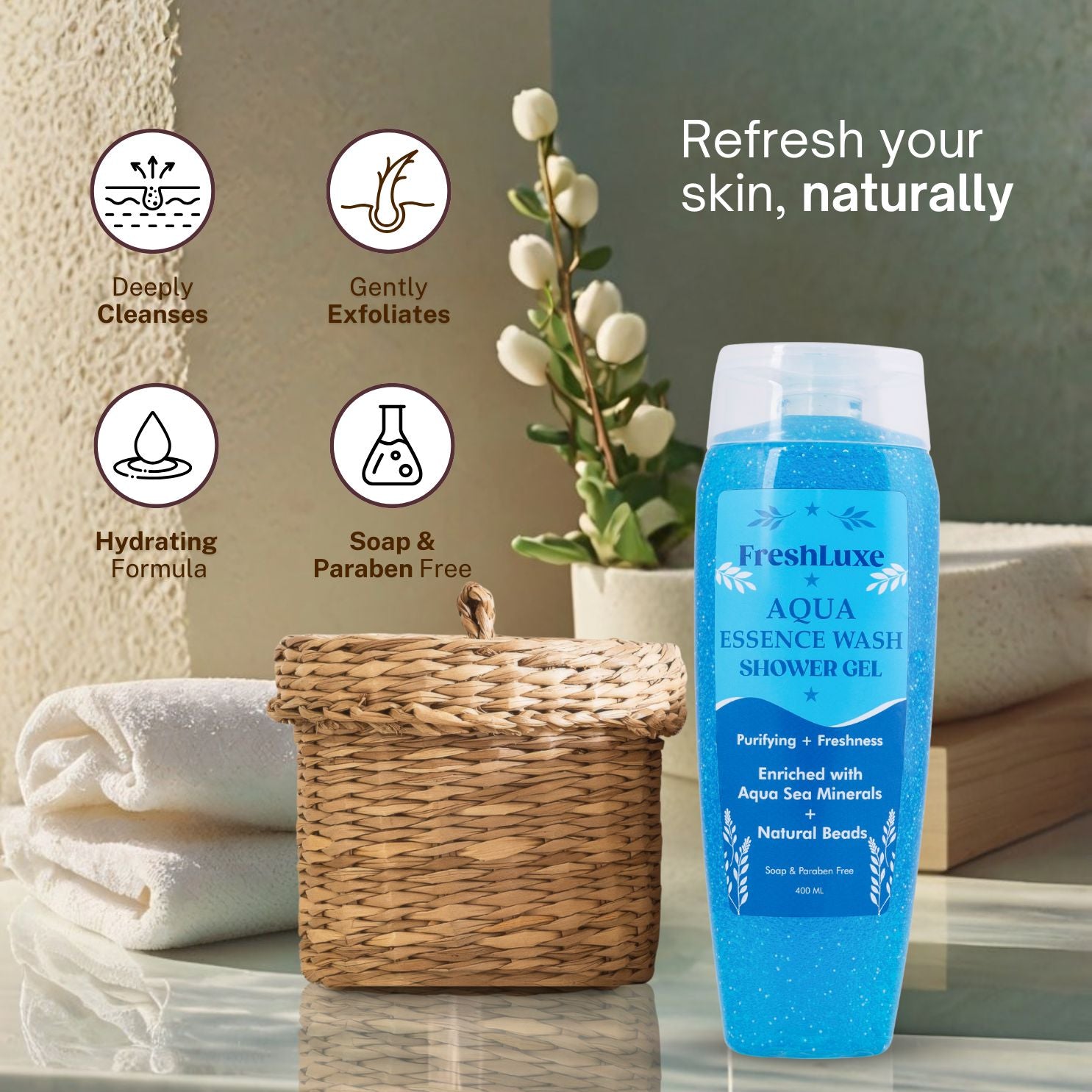 Aqua Essence Bodywash with Sea Salts & Scrub Beads | For Long-Lasting Freshness- 400ml