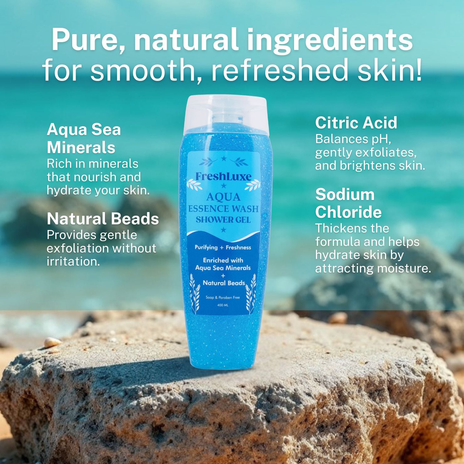 Aqua Essence Bodywash with Sea Salts & Scrub Beads | For Long-Lasting Freshness- 400ml