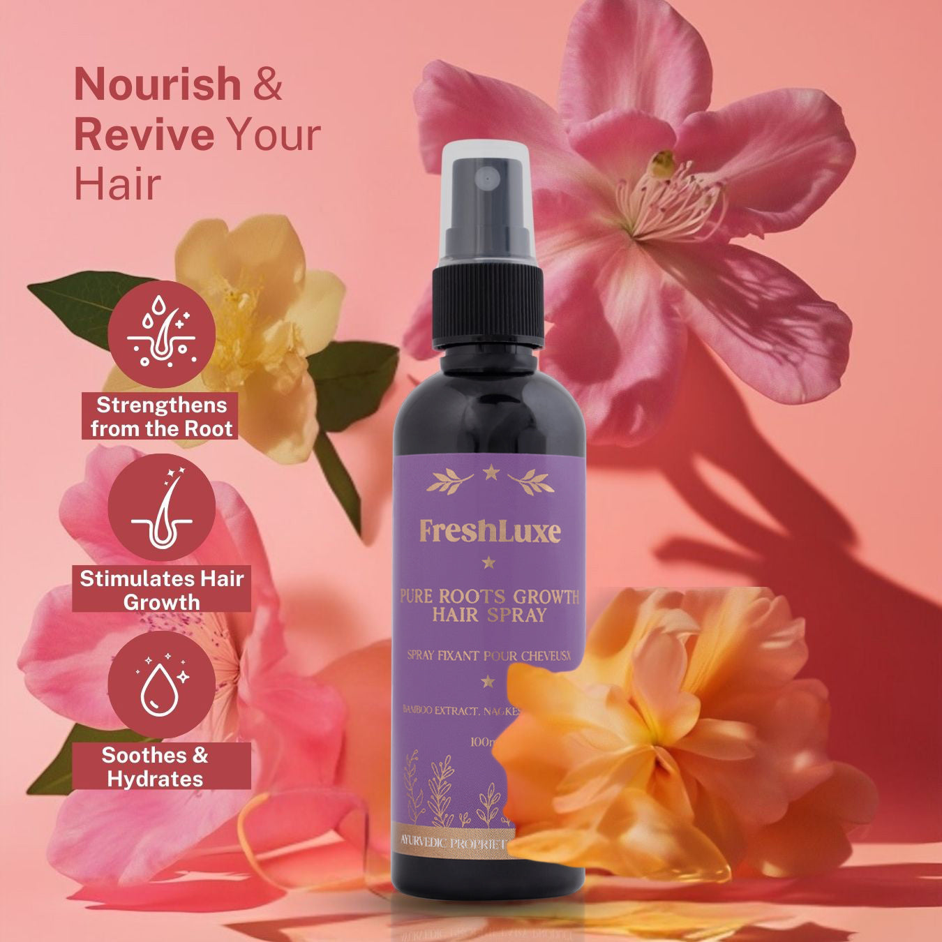 Pure Roots Growth Spray for Hair Growth & Hydrating Dry Scalp | With Bamboo Extract, Nagkesar & Priyangu- 100ml