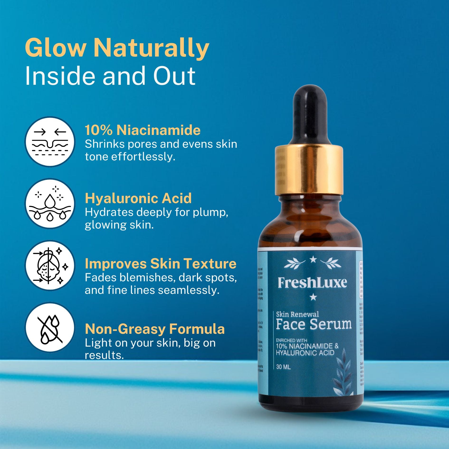 FreshLuxe Skin Renewal Face Serum | 10% Niacinamide & 1% Hyaluronic Acid | Hydrating & Brightening | Unisex | 30ml