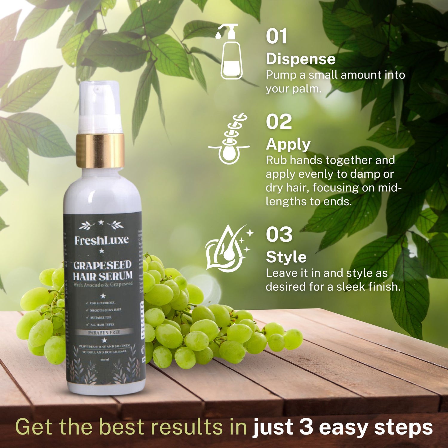 FreshLuxe Grape Seed Hair Serum | Avocado & Grape Seed Oil | Frizz Control & Dandruff-free | Unisex | 100ml