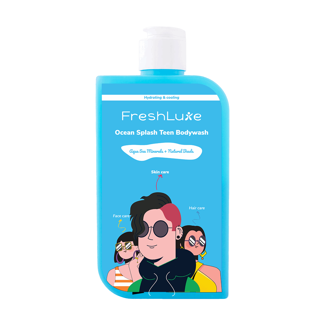 Blue bottle of FreshLuxe Ocean Splash Teen Bodywash with cartoon characters on a black background