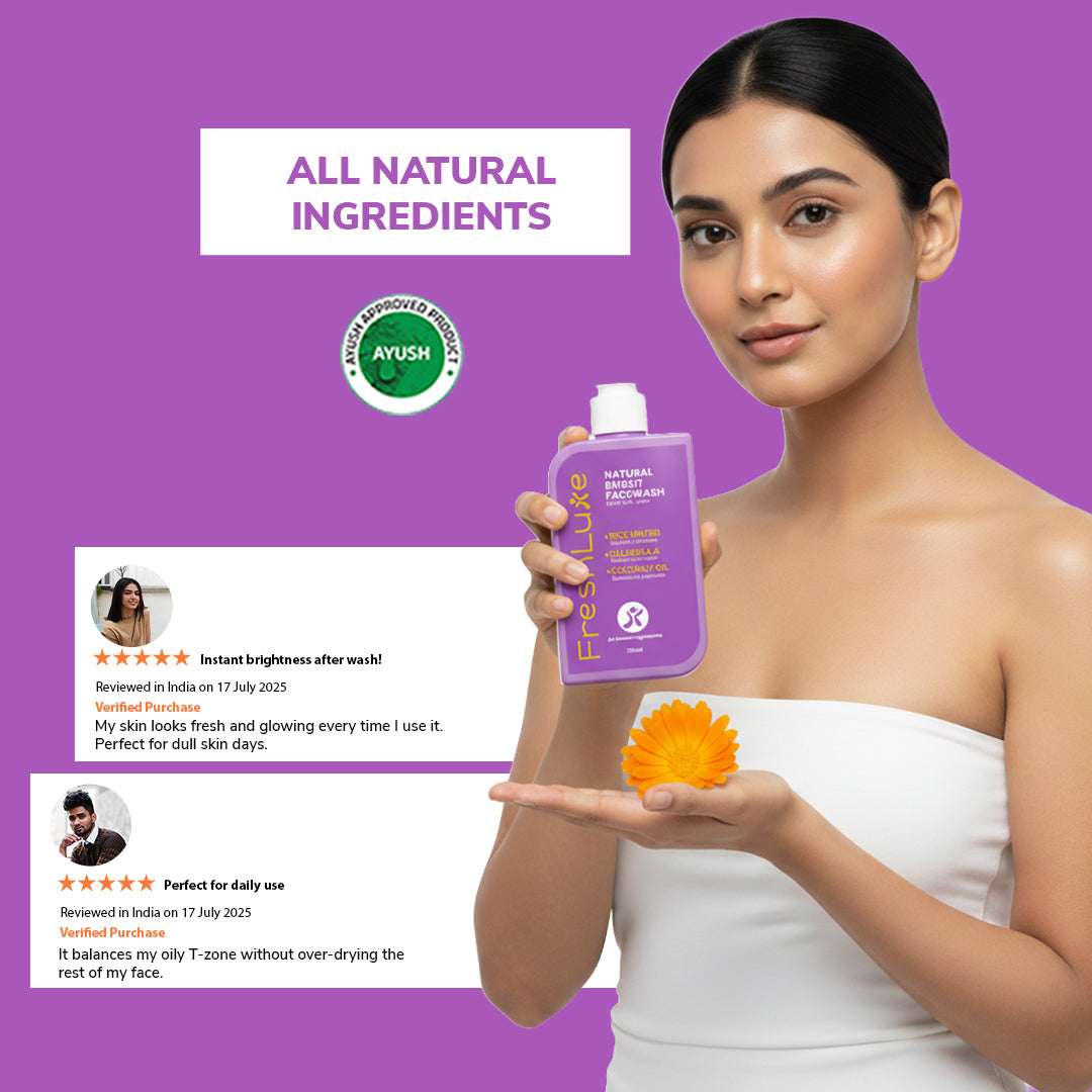 Woman holding a purple face wash bottle with product reviews on a purple background