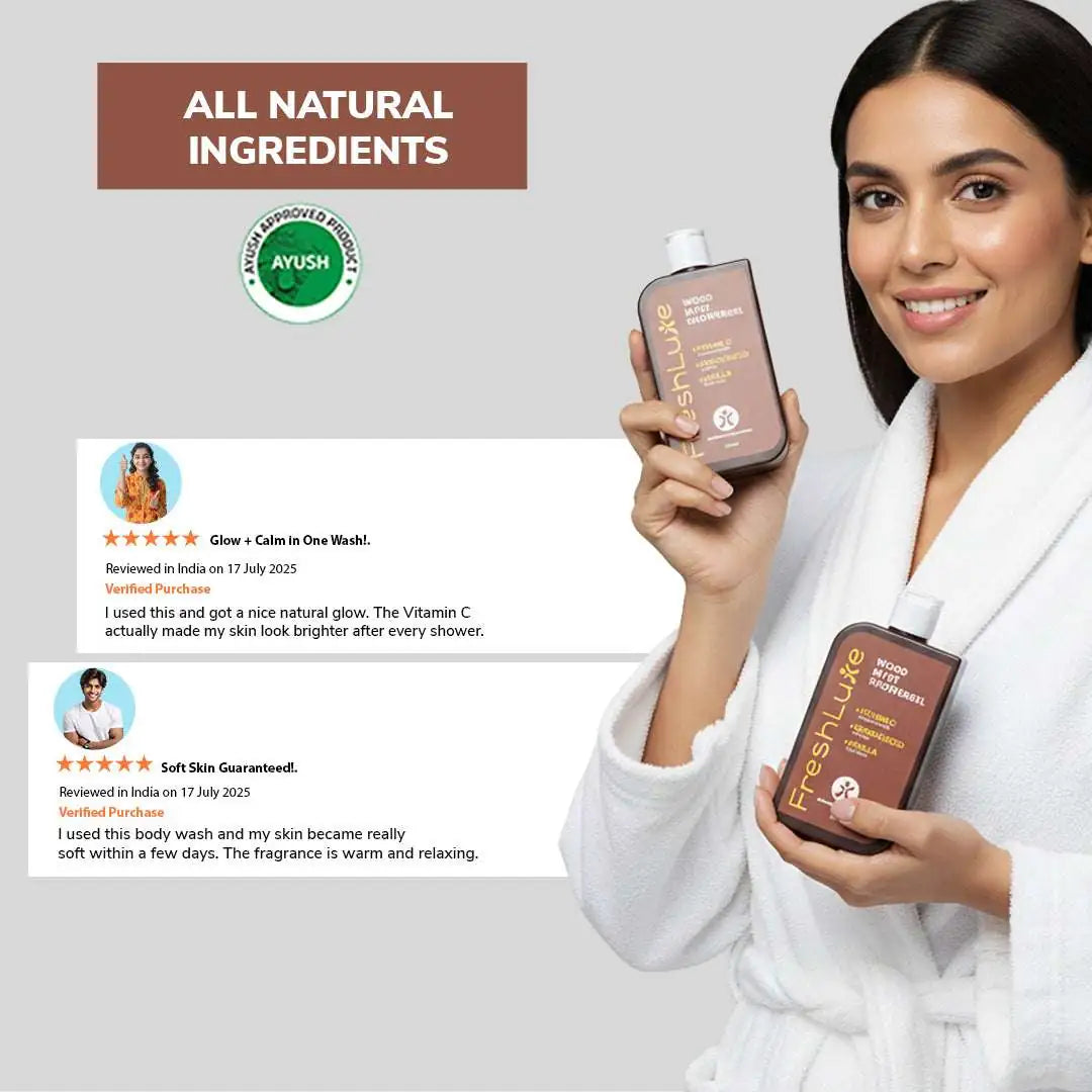 FreshLuxe Wood Myst Body Wash | Reduces Uneven Skin Tone & Dullness | Vanilla Scent | 200 ml | 400 ml