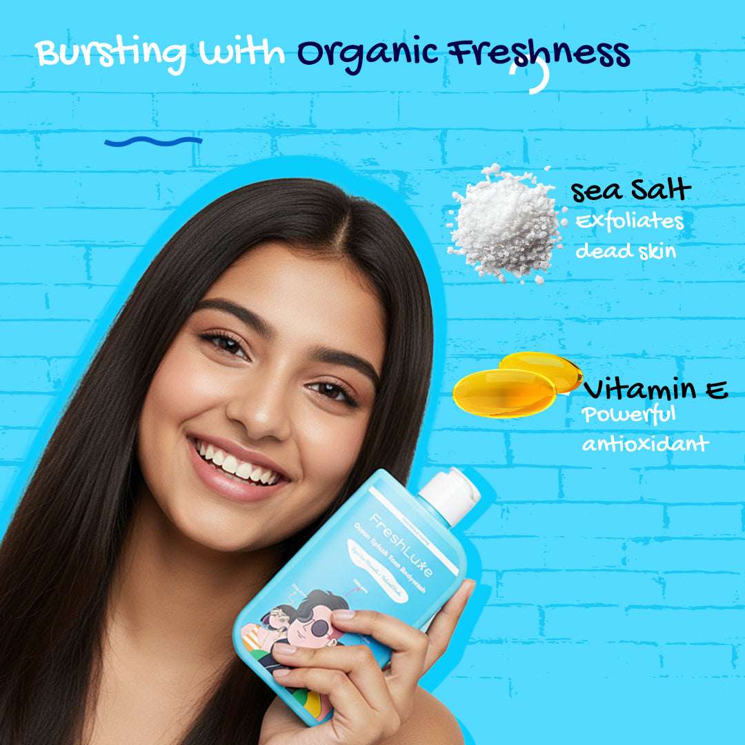 Woman holding a blue bottle with text about organic freshness, sea salt, and vitamin E on a blue background.