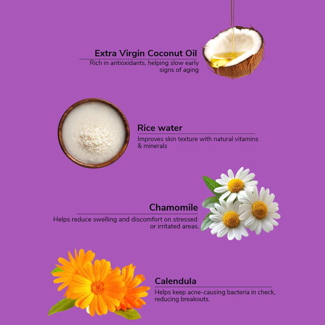 graphic of coconut oil, rice water, chamomile, and calendula with text on a purple background.