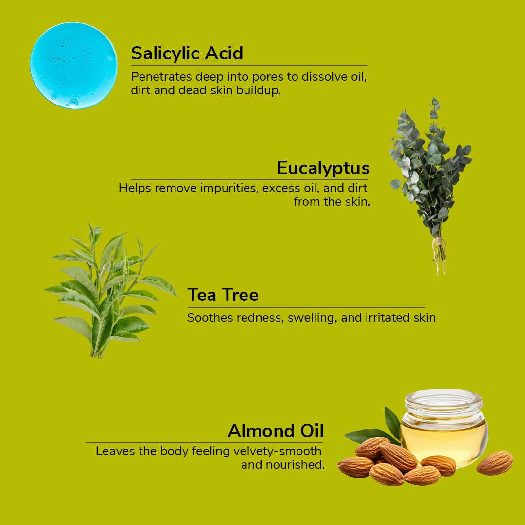 Infographic on skincare ingredients with Salicylic Acid, Eucalyptus, Tea Tree, and Almond Oil on a green background.