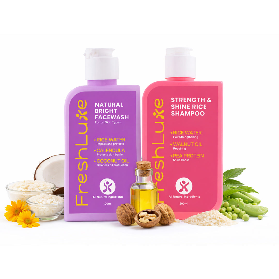 FreshLuxe products on a white background with ingredients displayed.