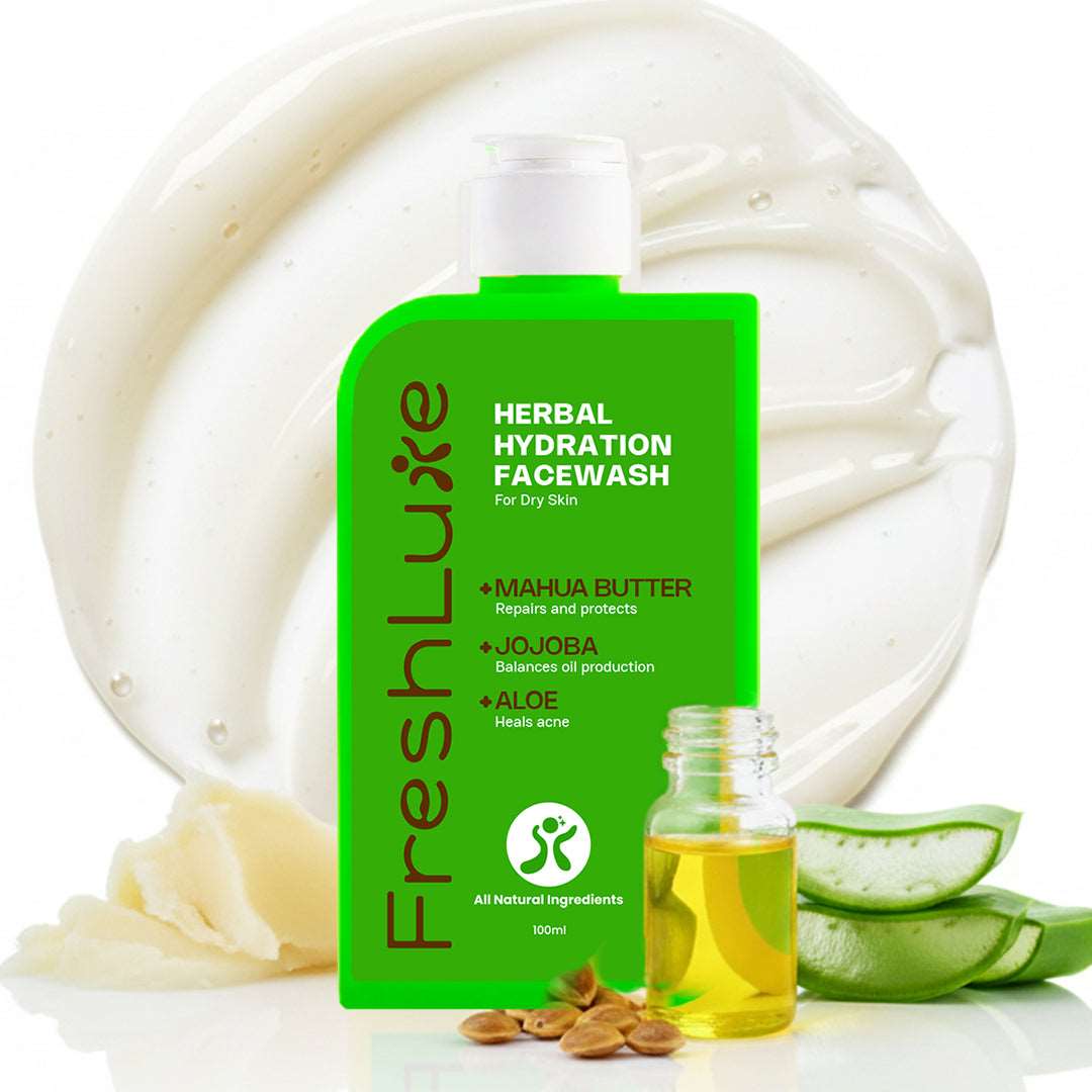 Herbal hydration face wash bottle with aloe vera slices and oil on a white background