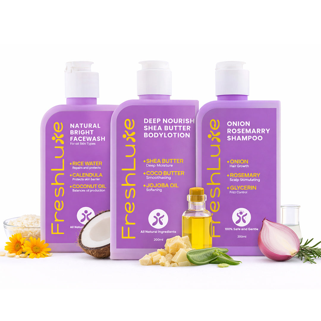 FreshLuxe products on a white background with ingredients displayed.