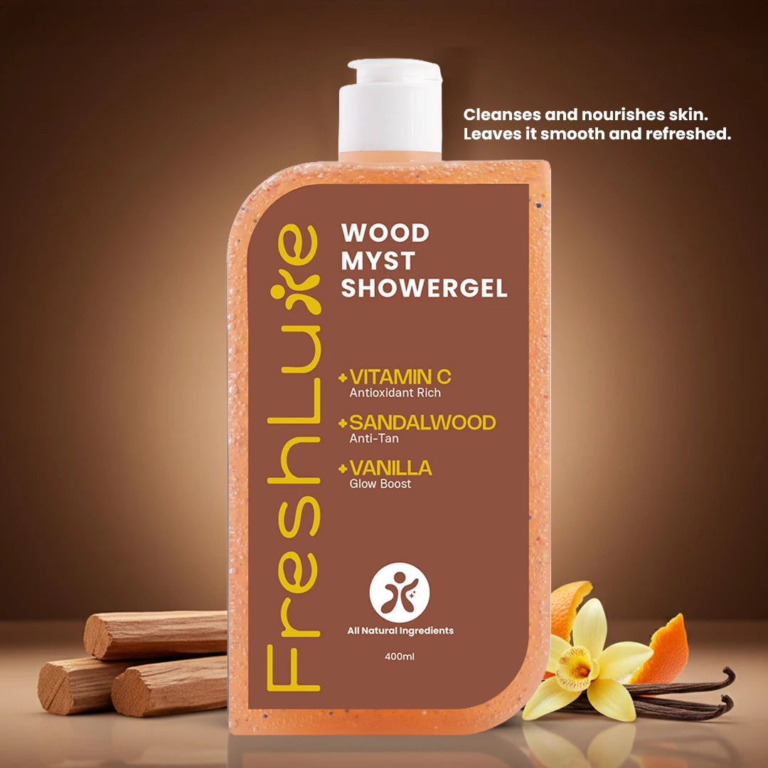 FreshLuxe Wood Myst Body Wash | Reduces Uneven Skin Tone & Dullness | Vanilla Scent | 200 ml | 400 ml