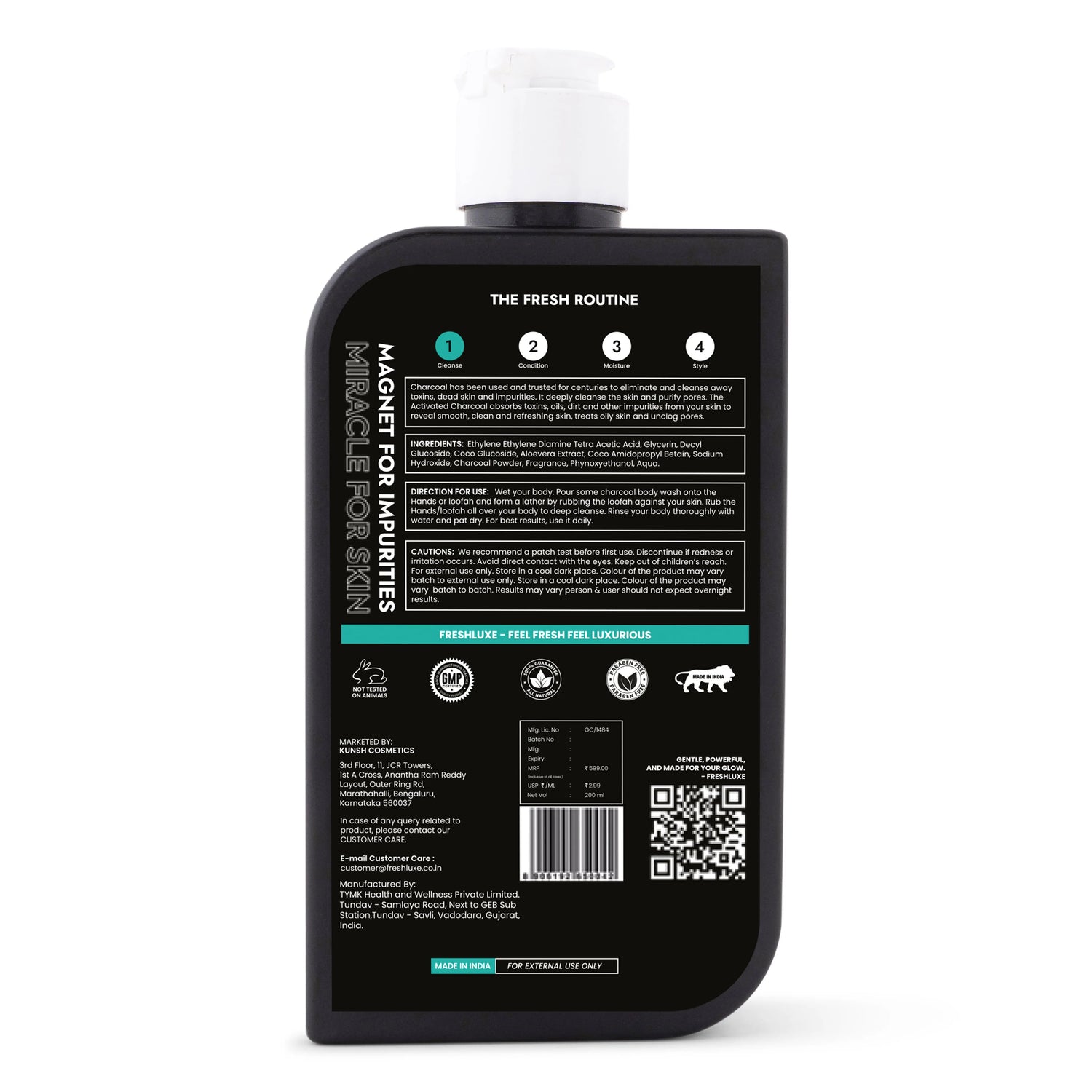 FreshLuxe Activated Charcoal Body Wash | Deep Cleansing & Acne Control with Aloe Vera | Detox Shower Gel