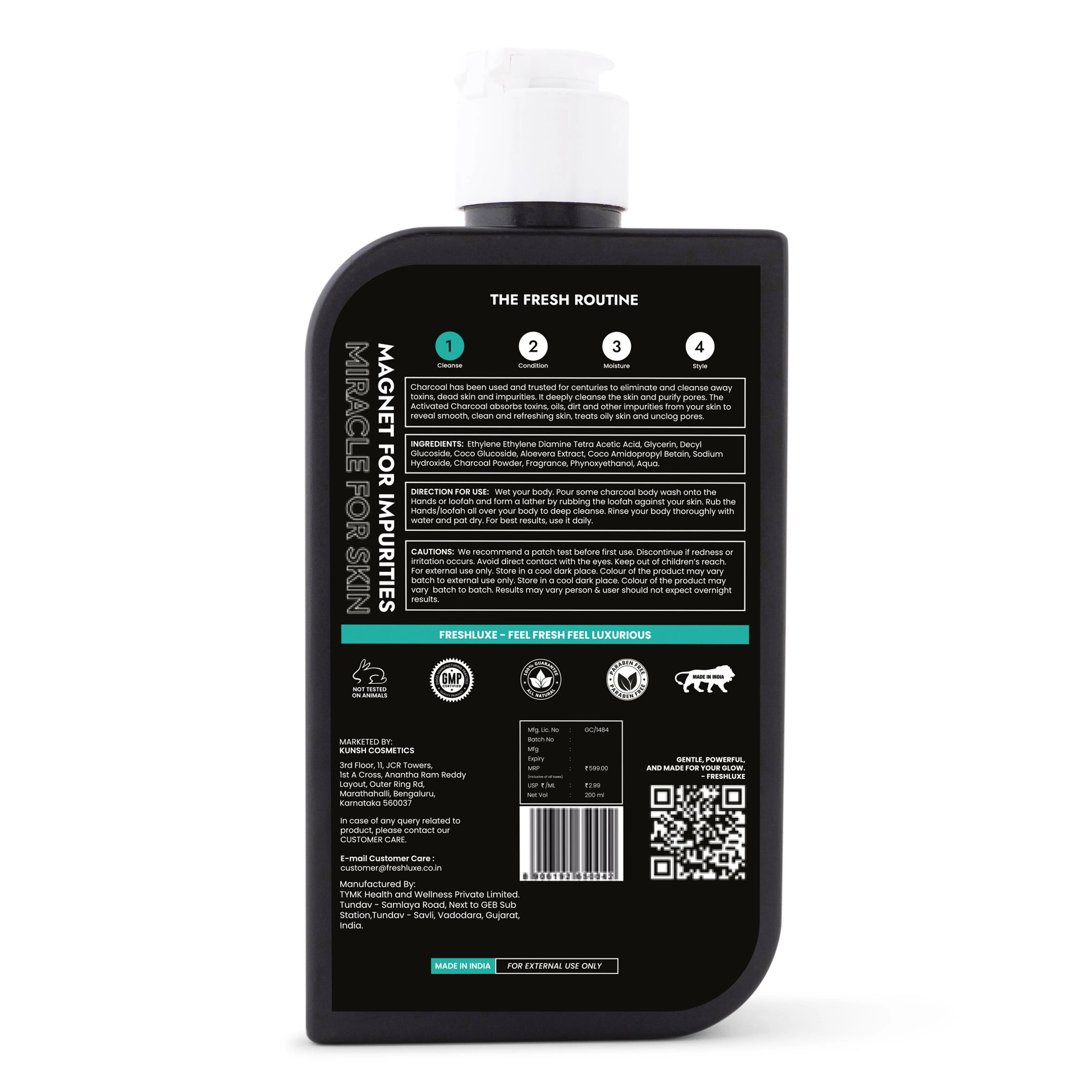 FreshLuxe Activated Charcoal Body Wash | Deep Cleansing & Acne Control with Aloe Vera | Detox Shower Gel