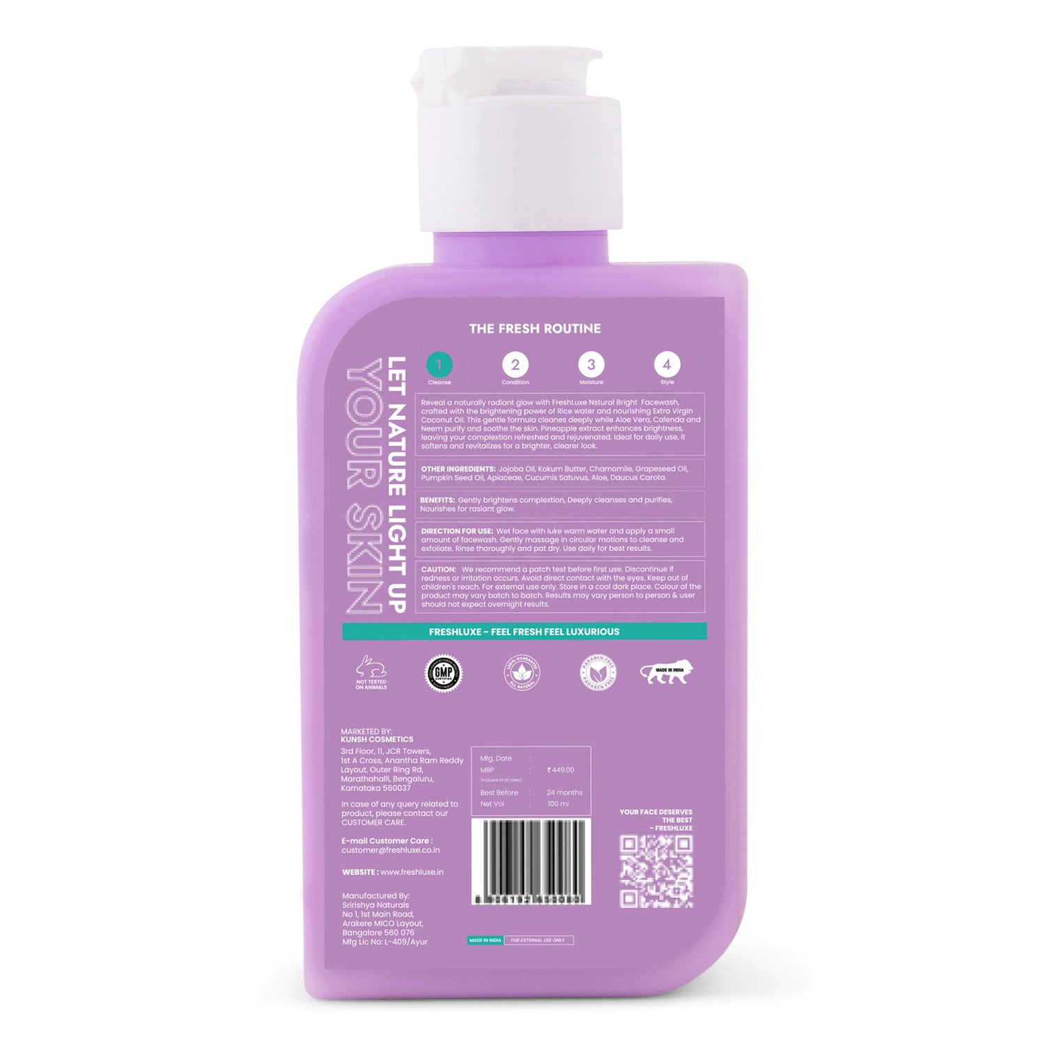 FreshLuxe Natural Bright Face Wash | For Cleansing & Brightening Glass Skin | Rice Water & Extra Virgin Coconut Oil | Men & Women Korean Skin Care