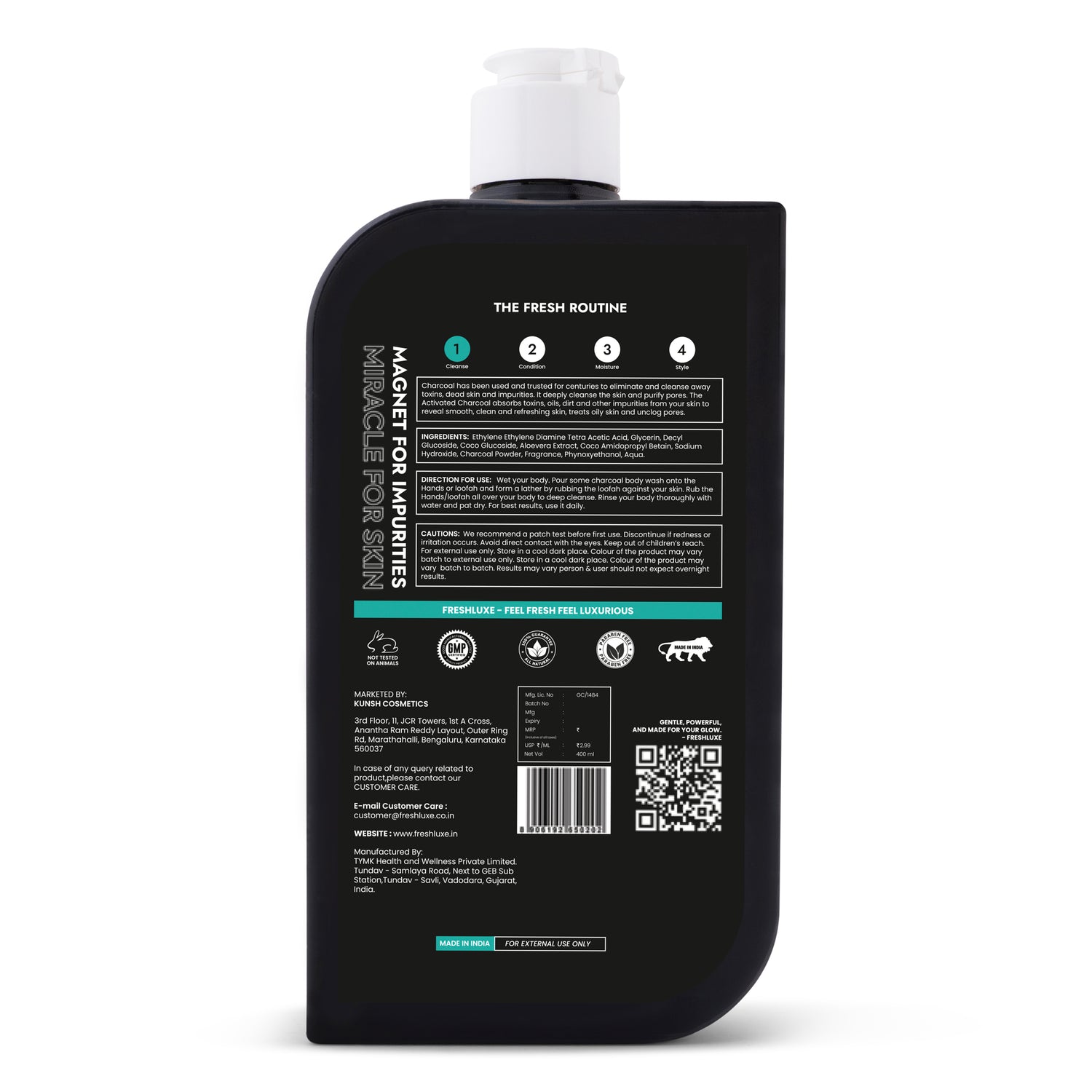 FreshLuxe Activated Charcoal Body Wash | Deep Cleansing & Acne Control with Aloe Vera | Detox Shower Gel