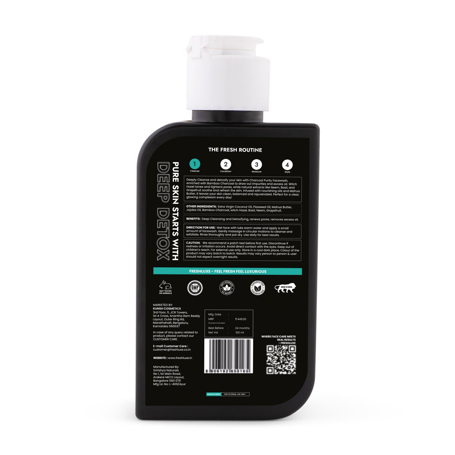 FreshLuxe Charcoal Purity Face Wash | Fights Acne, Pimples & Impurities | Bamboo Charcoal & Witch Hazel | Cleanser for Men & Women | All Skin Types