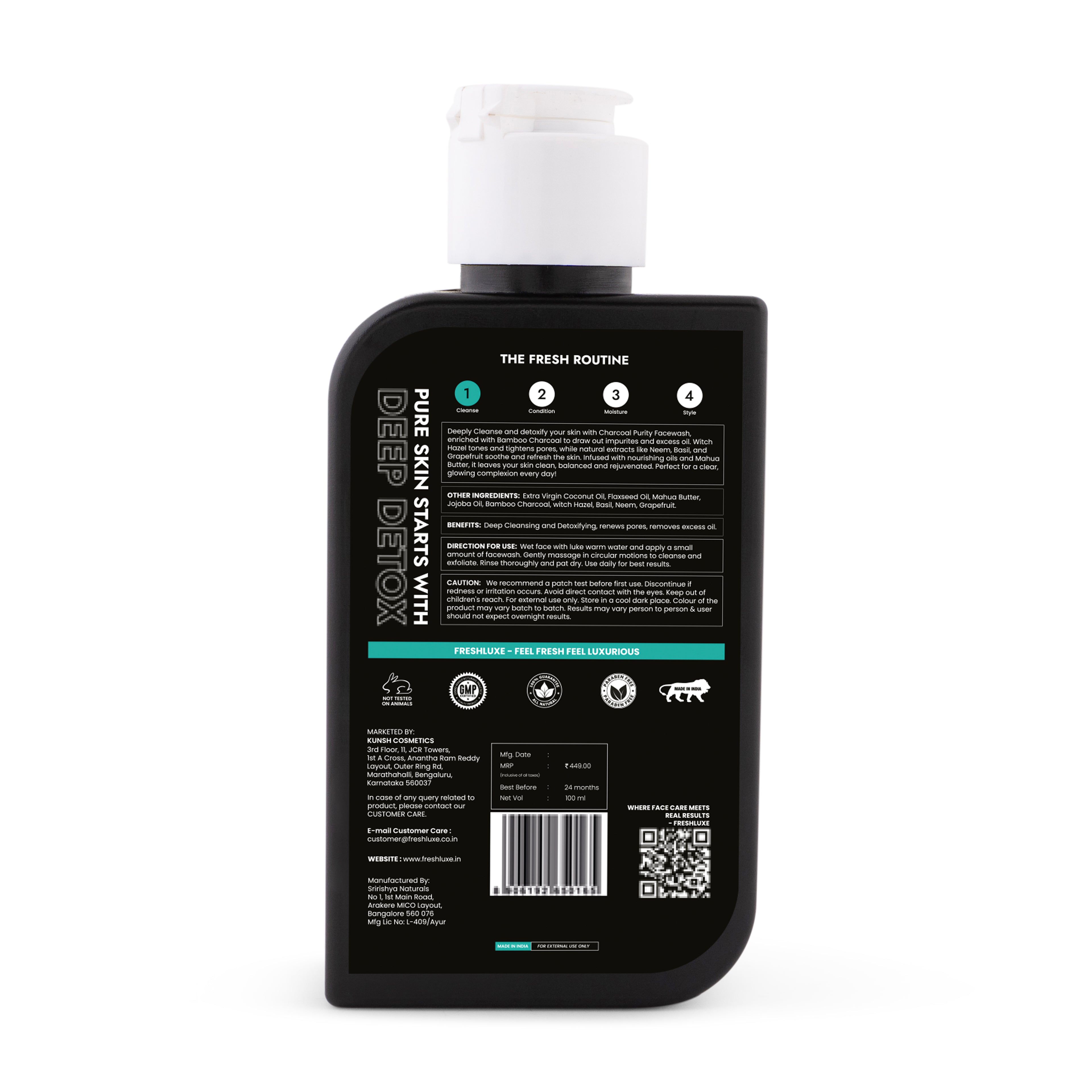 FreshLuxe Charcoal Purity Face Wash | Fights Acne, Pimples & Impurities | Bamboo Charcoal & Witch Hazel | Cleanser for Men & Women | All Skin Types