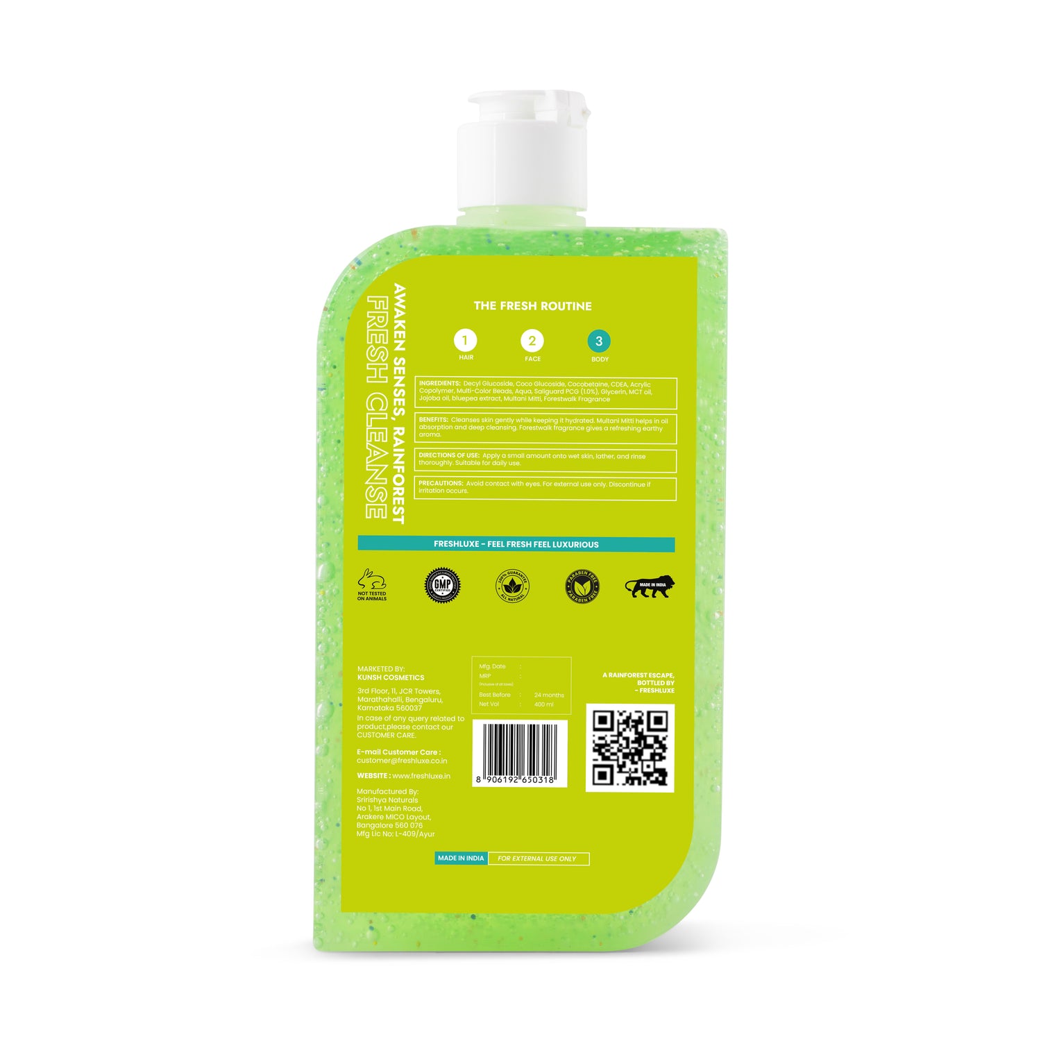 FreshLuxe Rain Forest Body Wash & Shower Gel | Infused with 1% Saligaurd PCG, Glycerol & Multani Mitti | Acne Control & Cleansing | Paraben & SLS Free | Rain Bath Scent