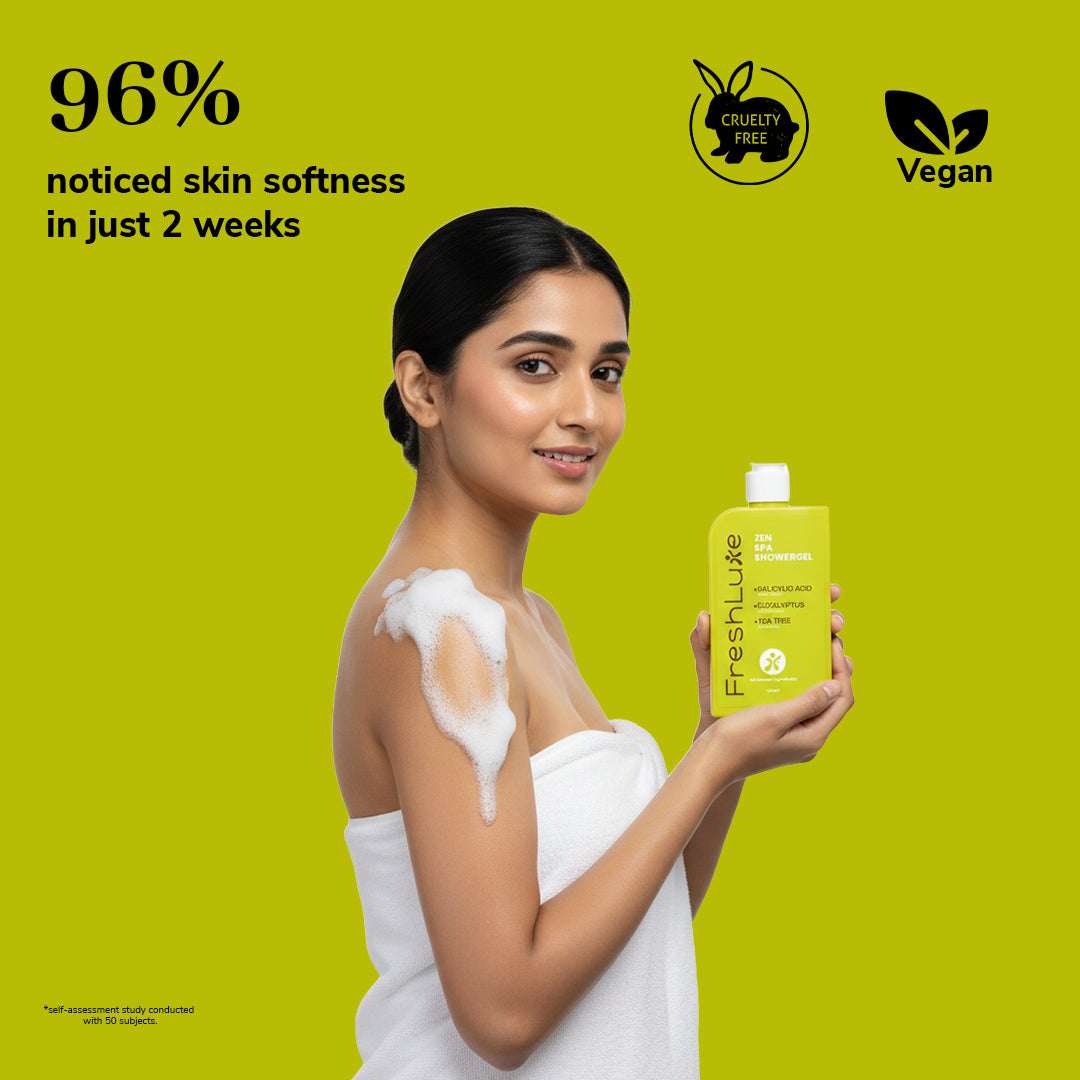 Woman holding a bottle of Freshluke product with a green background, featuring cruelty-free and vegan logos.