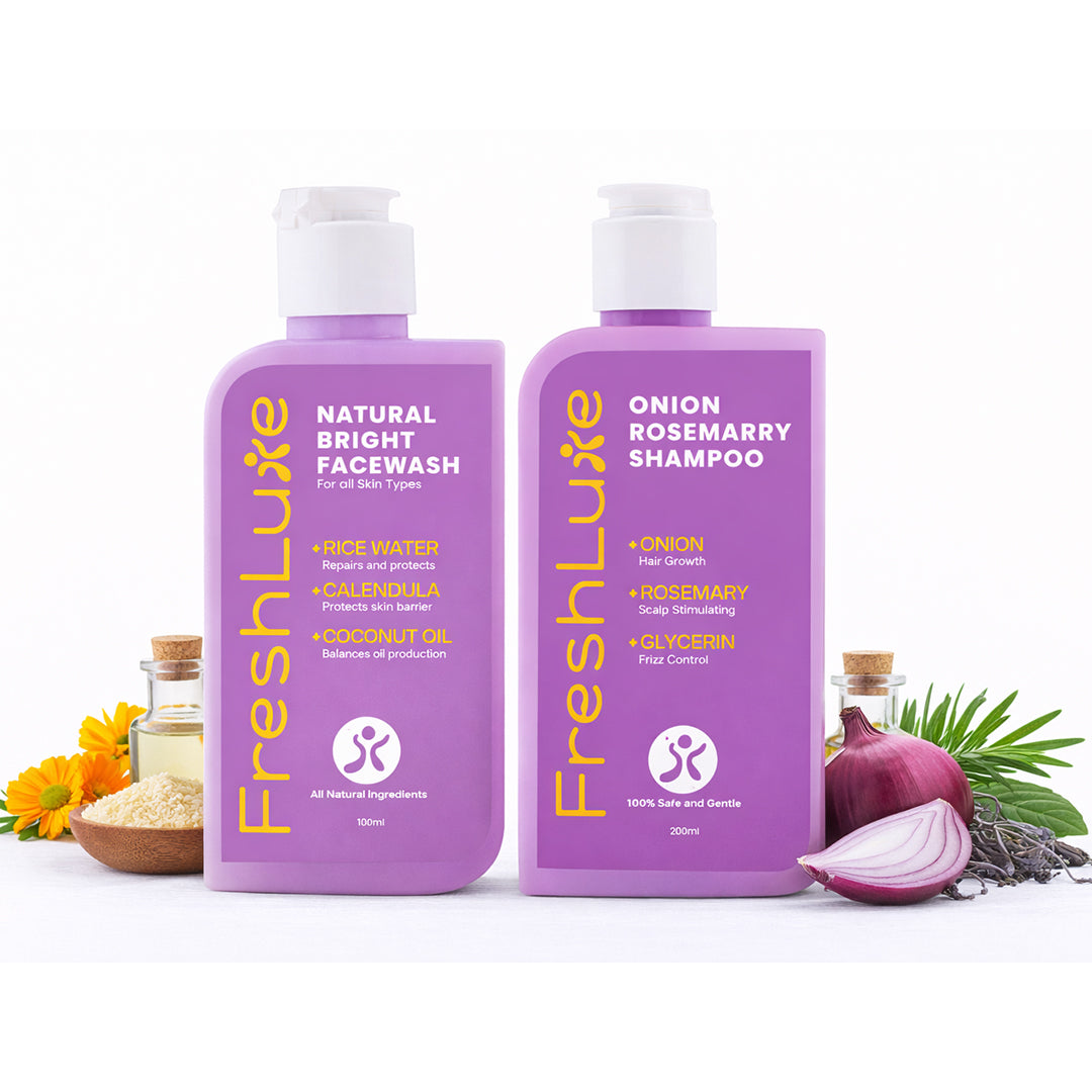 FreshLuxe products on a white background with ingredients displayed.