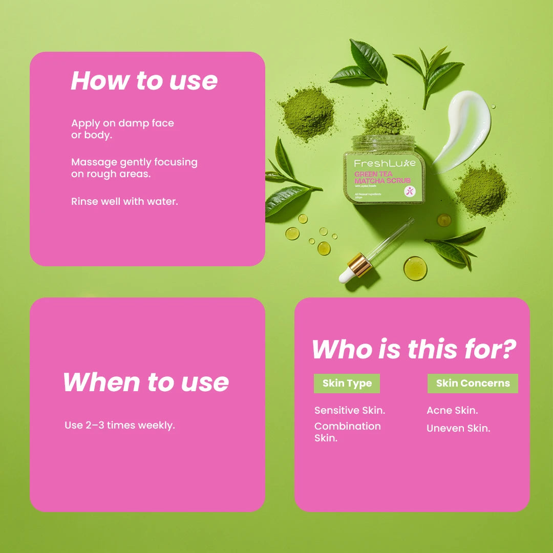 Green Tea Matcha Face & body Scrub | Vitamin C & Lactic Acid for Detan, Uneven Skin Tone & Skin Purification | 200gm