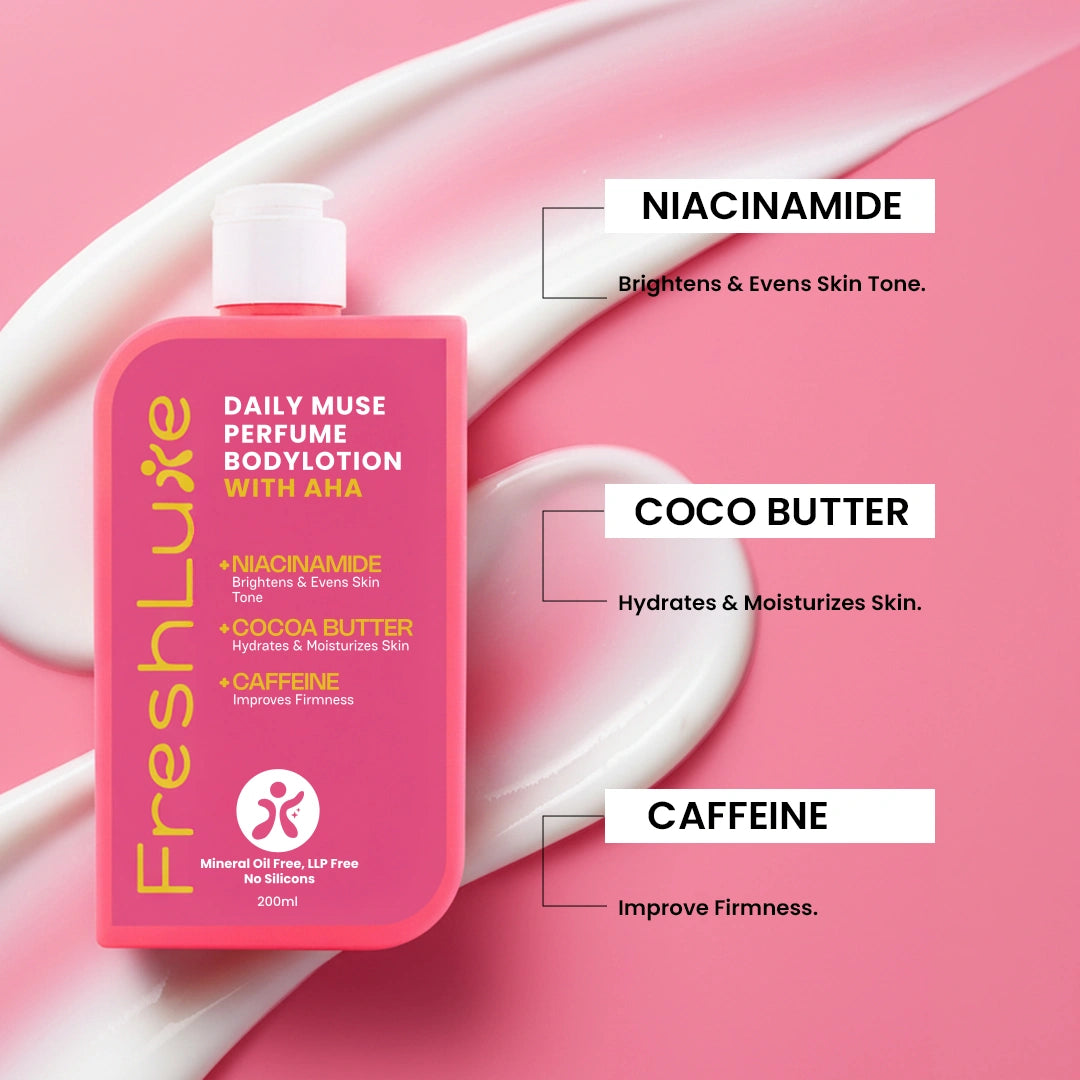 Daily Muse Perfume Body Lotion with Shea Butter & Cocoa Butter | Niacinamide, Caffeine, Glycolic & Lactic Acid | Deep Moisturising Brightening Body Lotion for Dry Skin | Long-Lasting Fragrance | Men & Women | 200ml