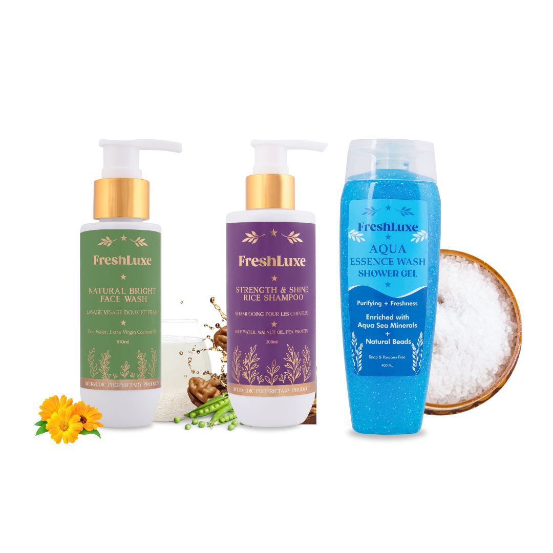 Strength & Shine Rice Water Shampoo, Natural Bright Facewash & Aqua Essence Bodywash