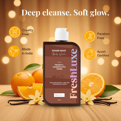 FreshLuxe Wood Myst Body Wash | Reduces Uneven Skin Tone &amp; Dullness | Vanilla Scent