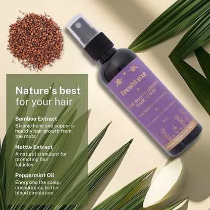 FreshLuxe Pure Roots Growth Hair Spray | Bamboo Extract, Nagkesar &amp; Priyangu | Strengthen, Nourish &amp; Revitalize | Unisex | 100ml