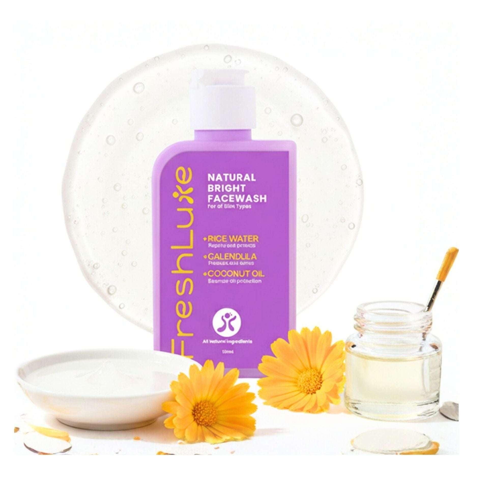 FreshLuxe natural bright face wash bottle with ingredients on a white background