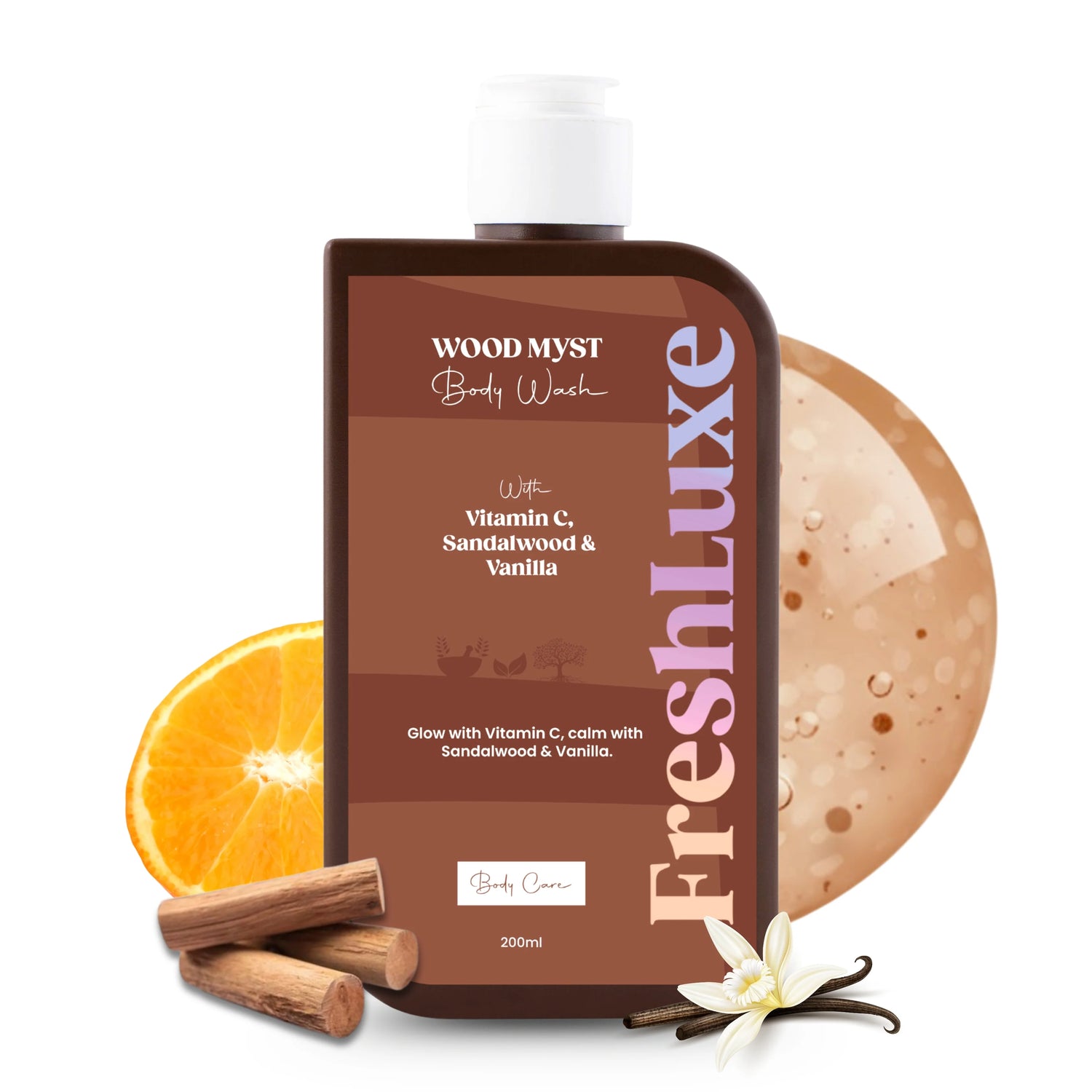 FreshLuxe Wood Myst Body Wash | Reduces Uneven Skin Tone &amp; Dullness | Vanilla Scent | 200 ml | 400 ml