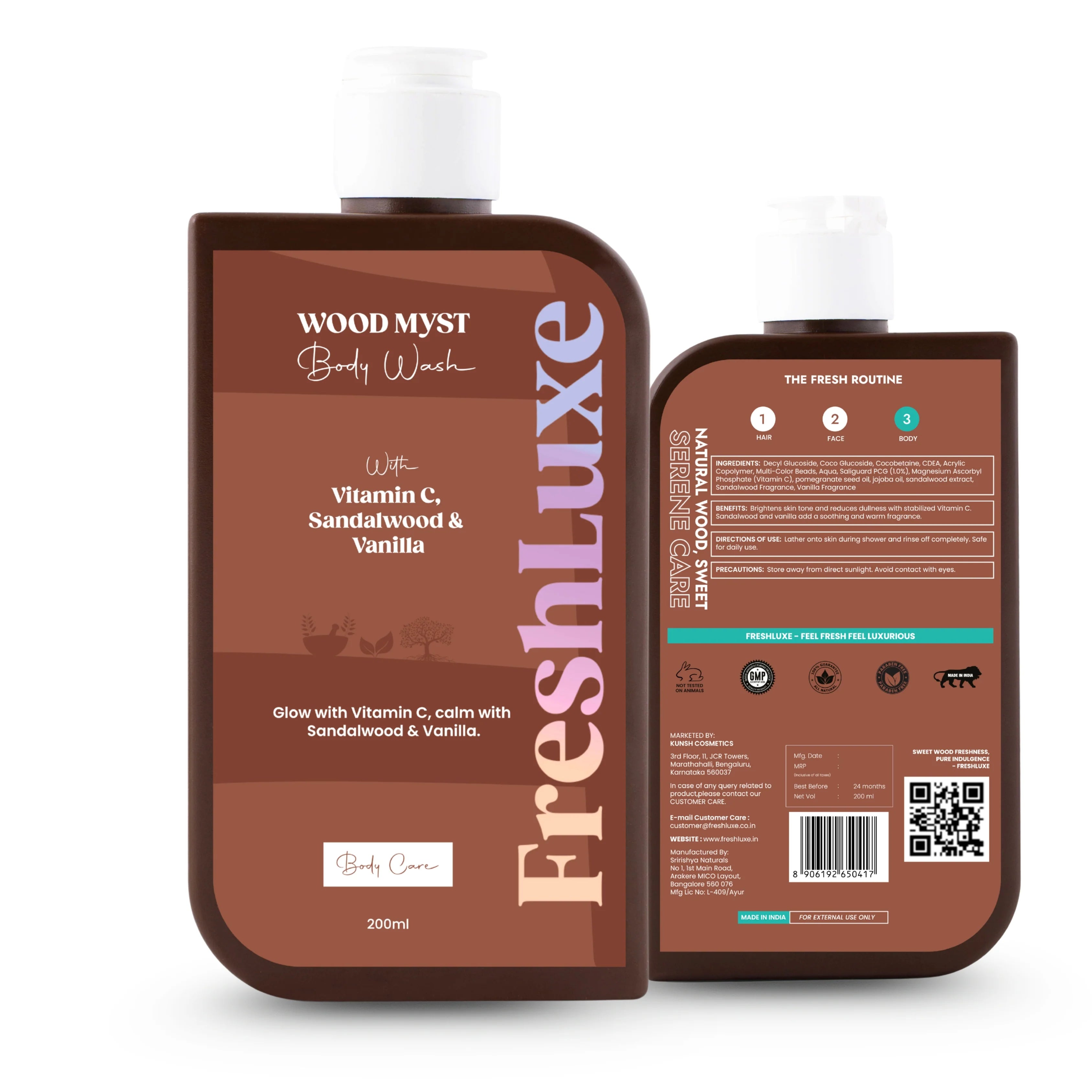 FreshLuxe Wood Myst Body Wash | Reduces Uneven Skin Tone &amp; Dullness | Vanilla Scent | 200 ml | 400 ml