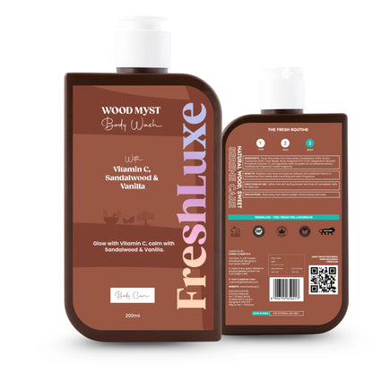 FreshLuxe Wood Myst Body Wash | Reduces Uneven Skin Tone &amp; Dullness | Vanilla Scent | 200 ml | 400 ml