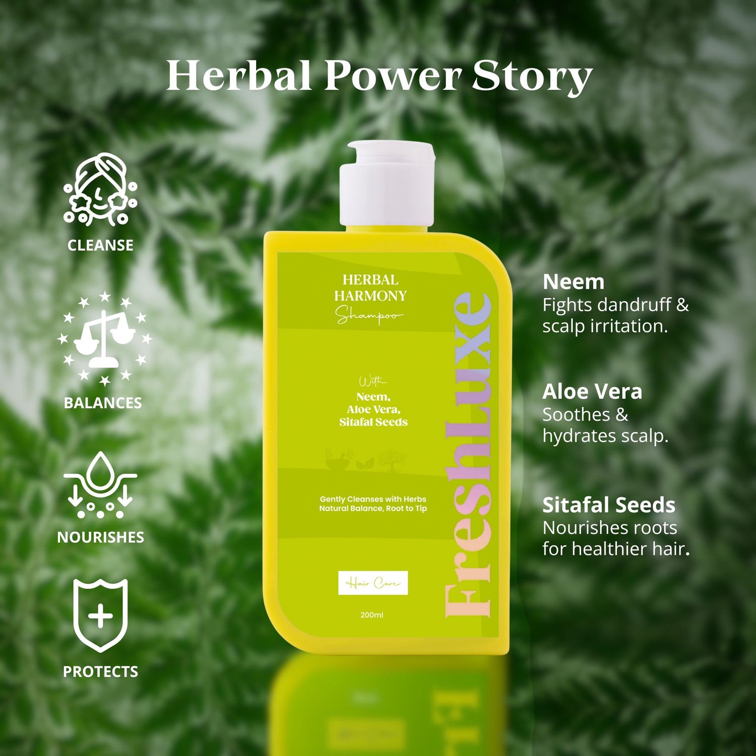 Herbal Harmony Shampoo with Neem, Aloe Vera &amp; Sitaphal Seeds |  Reduces Dandruff &amp; Prevents Breakage- 200ml