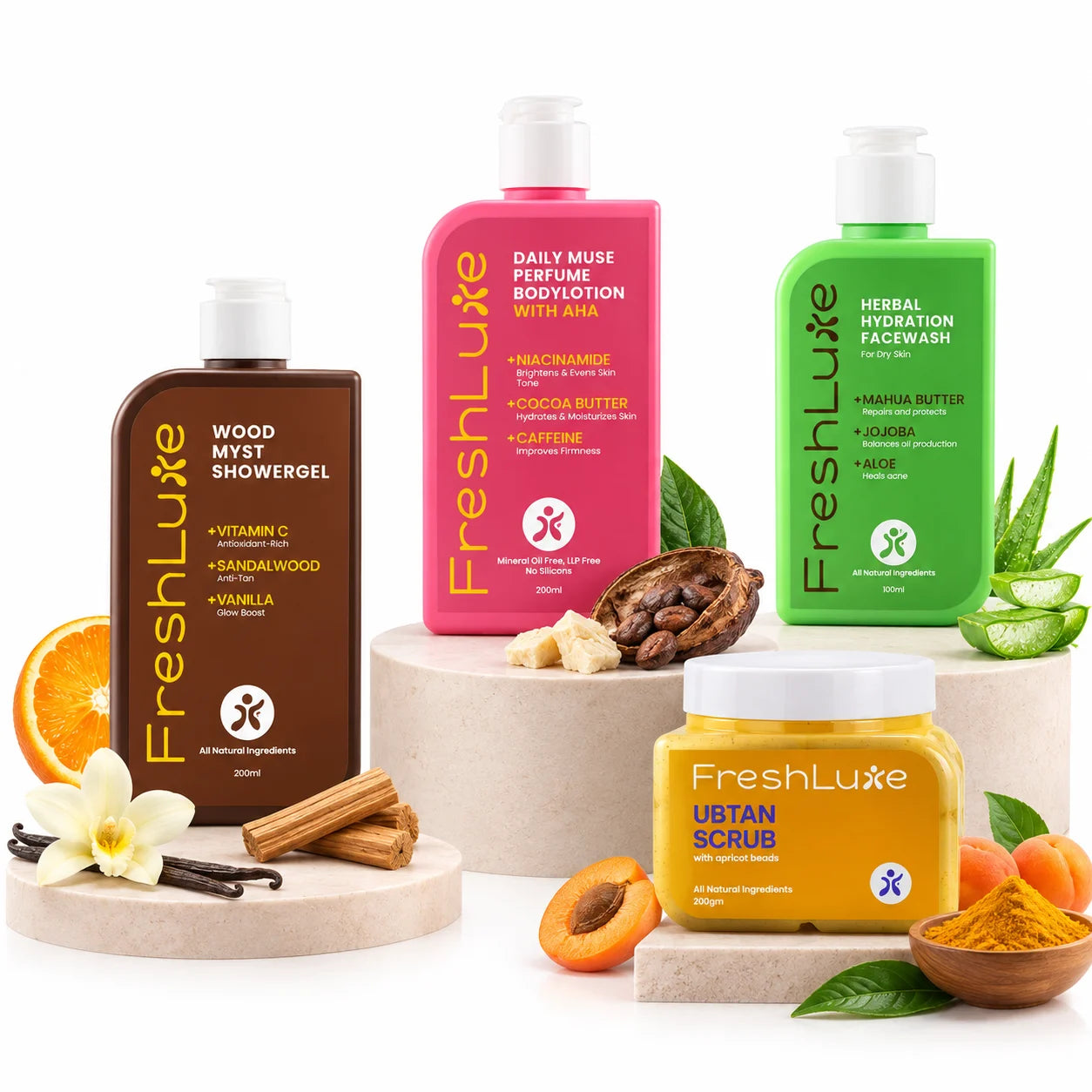 FreshLuxe Detan Combo | AYUSH-Approved | Shea Butter, Dead Sea Mud, Vitamin C &amp; Lactic Acid | Body Lotion, Shower Gel &amp; Scrub.